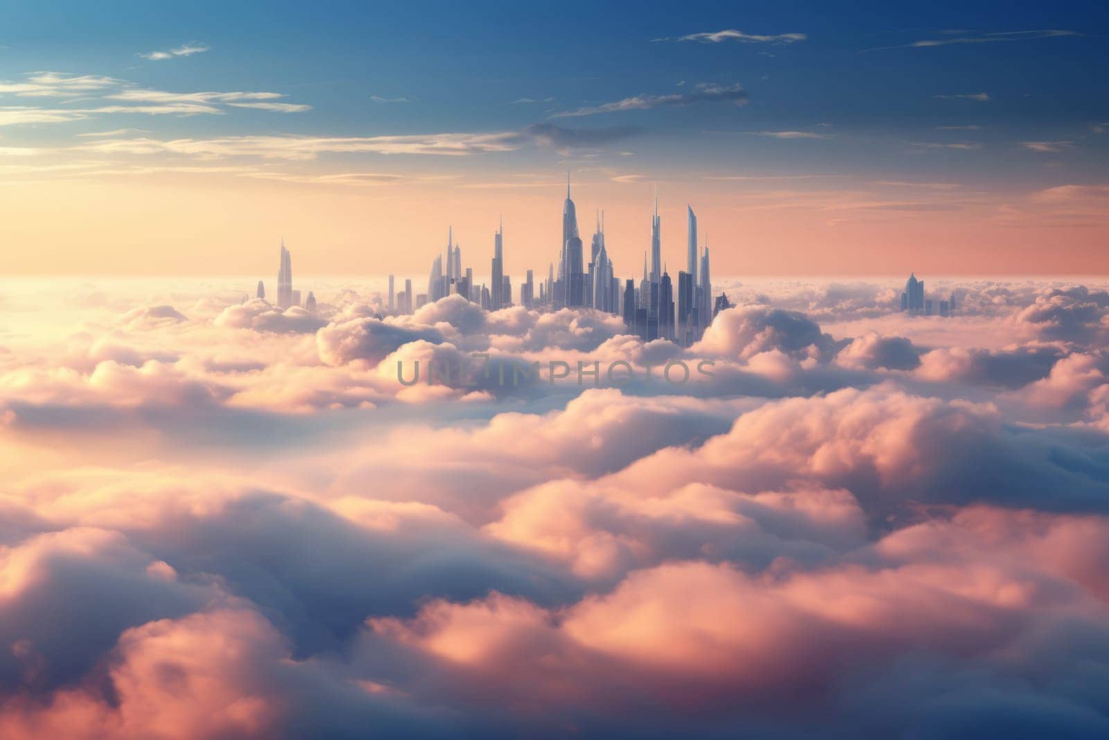 Pink clouds skyscraper. Nature pastel. Generate Ai