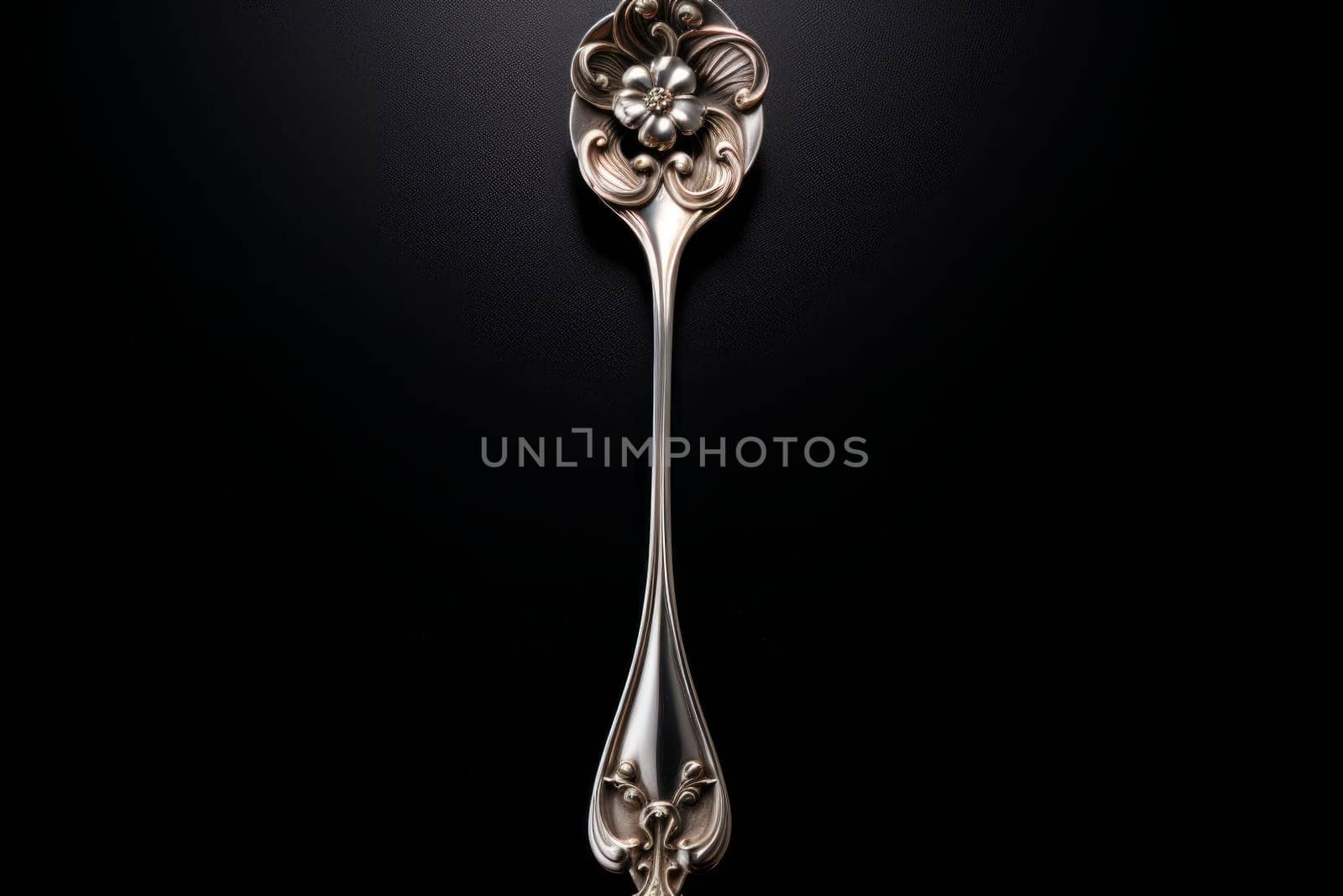Silver antique spoon tool. Shiny ancient eating teaspoon with decoration elements. Generate ai