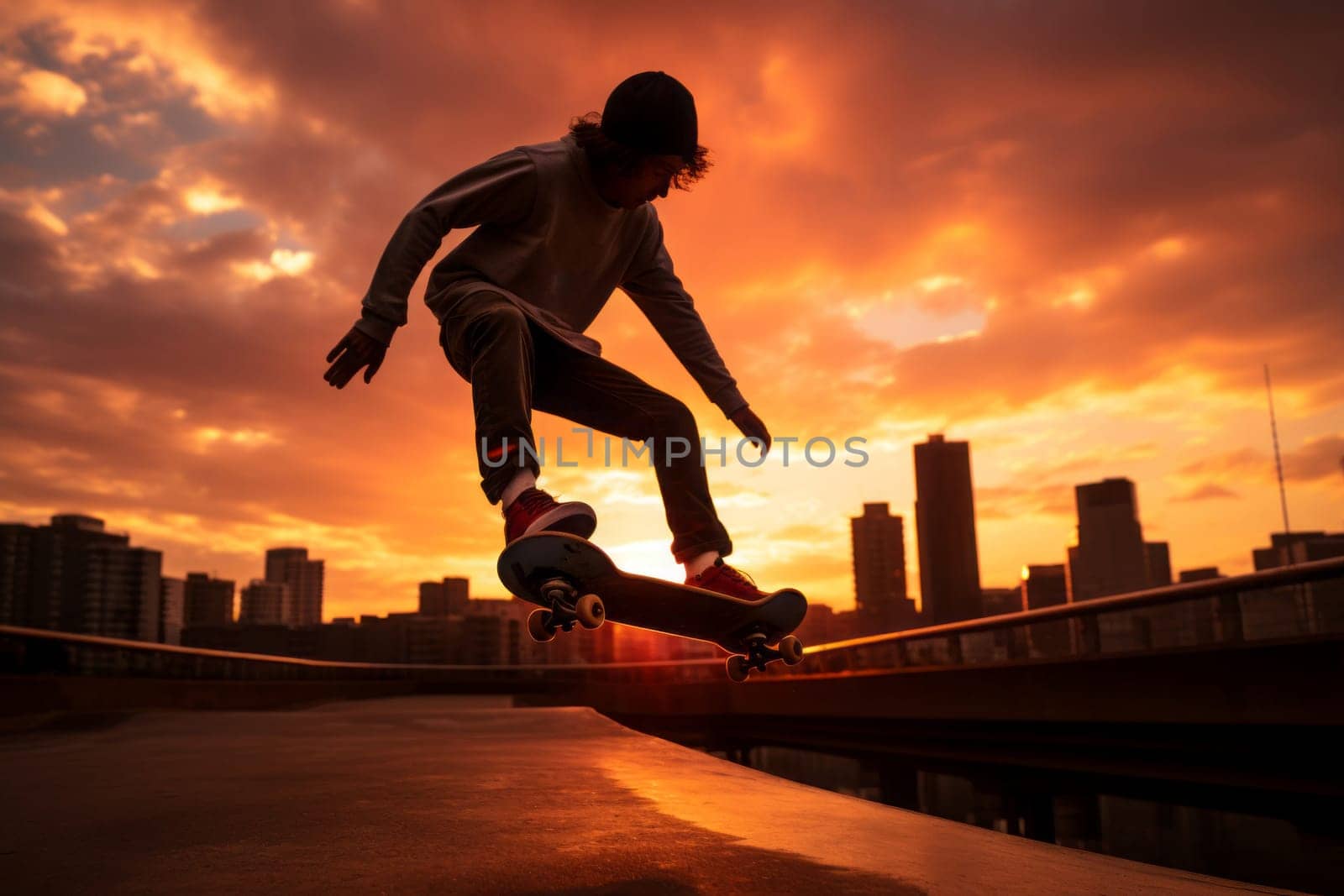 Skateboarding city sunset jump. Active fun. Generate Ai