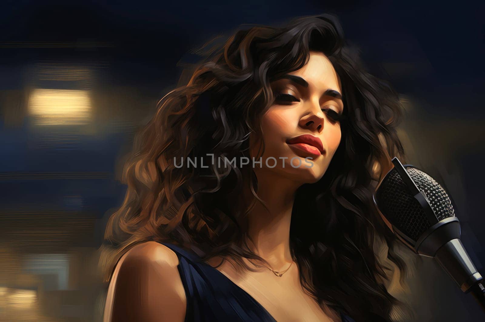Beautiful singer woman. Pretty female musician sipping coffee. Generate ai