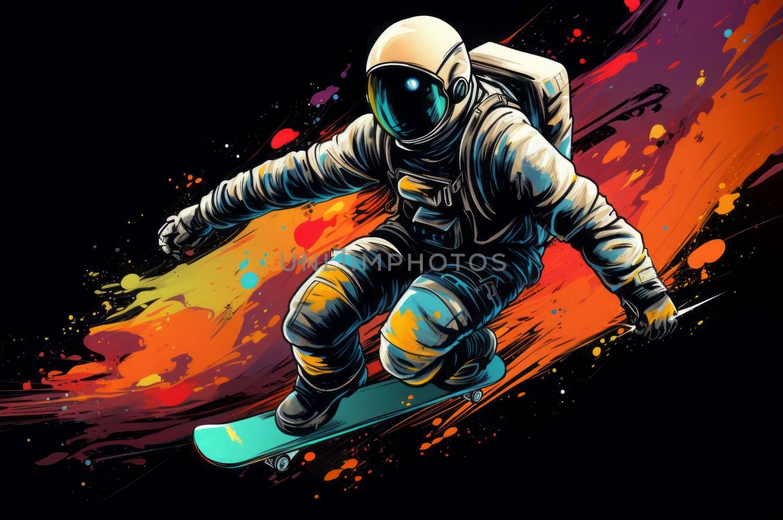 Skateboarder in astronaut suit riding. Sport dude skateboarding on bright neon colorful background. Generate ai