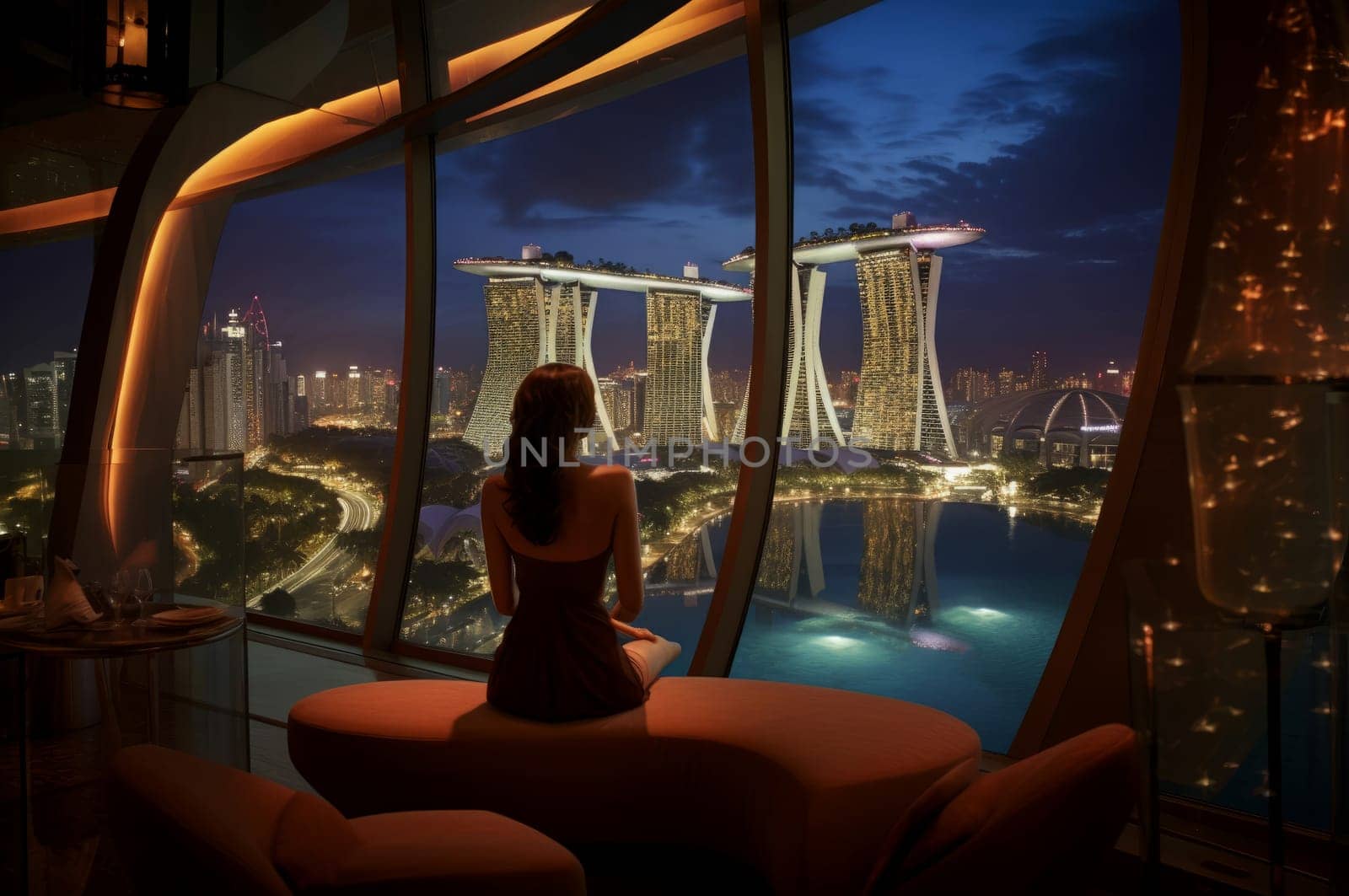 Scenic Singapore view woman on balcony hotel. Tourism famous lux vacation scenic. Generate Ai
