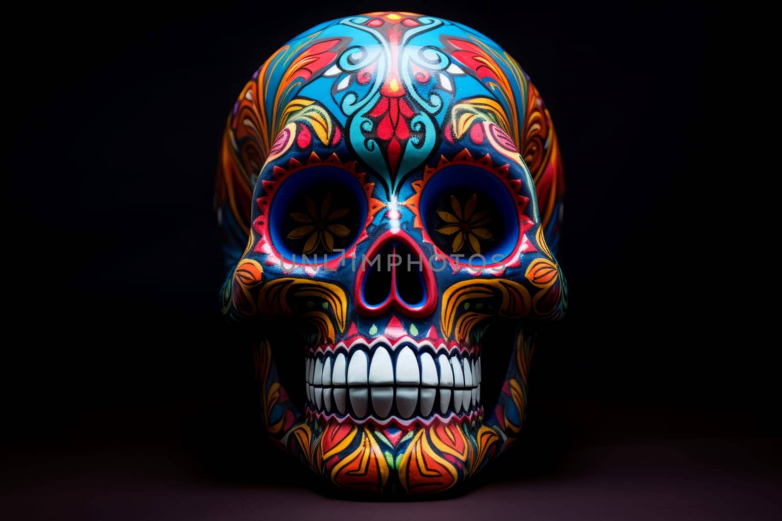 Dead skull with burning candle. Mexican skeleton holiday. Generate Ai