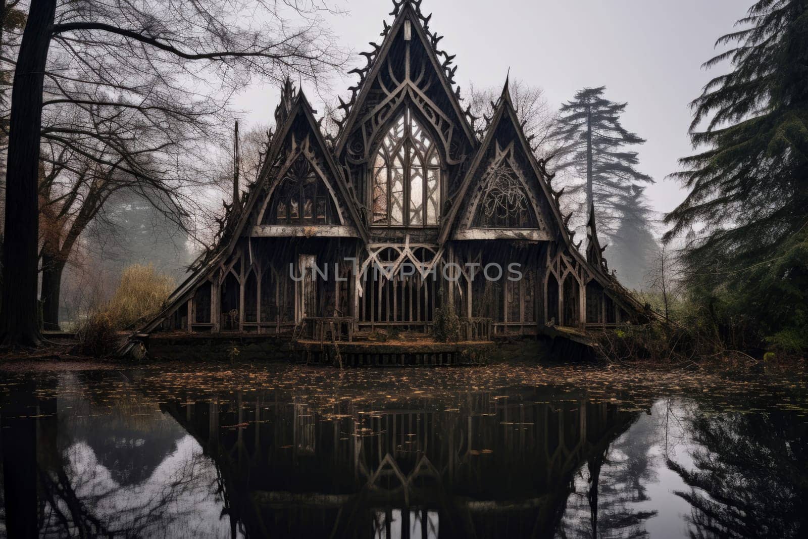 Skeleton robe house lake. Gothic mist. Generate Ai