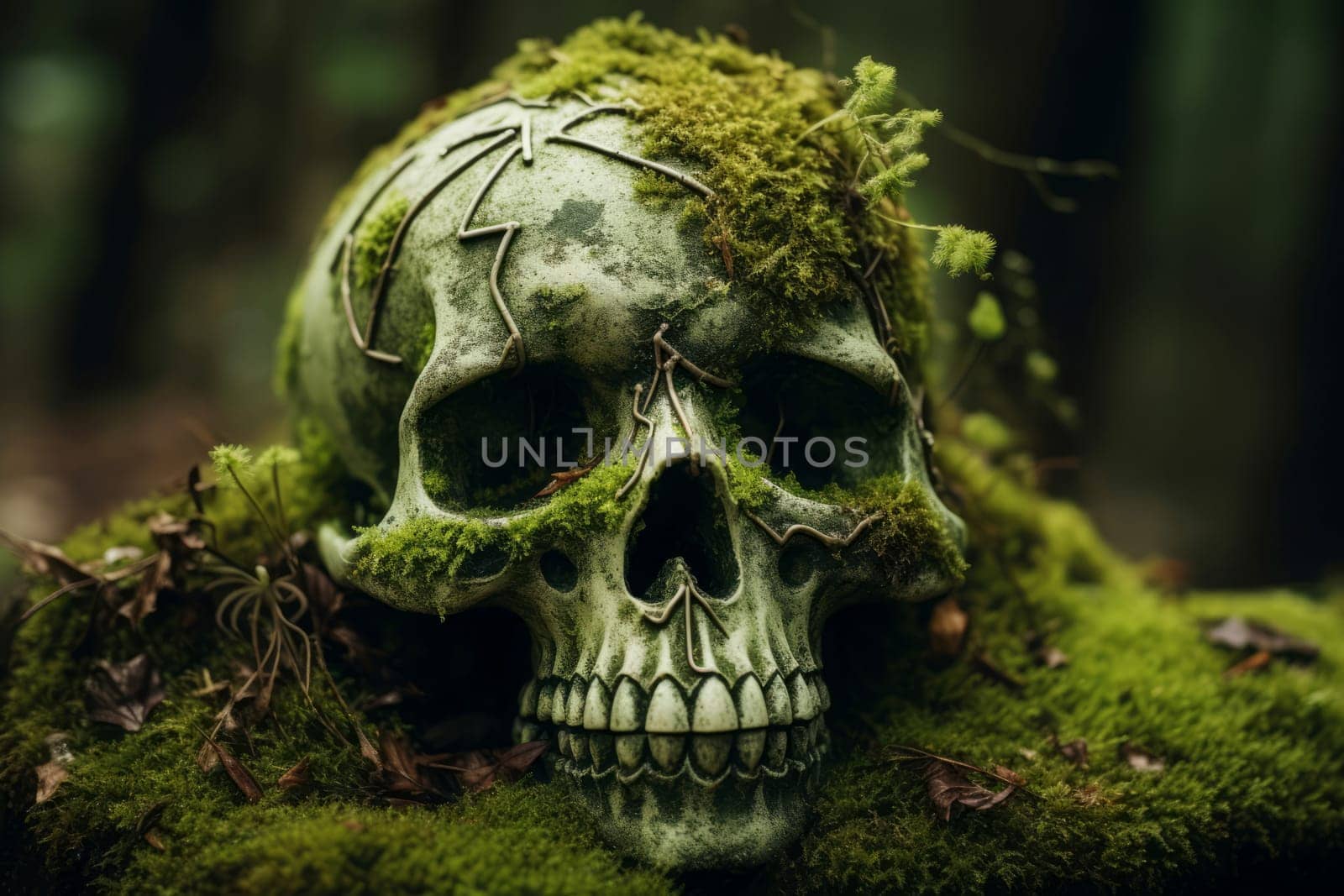 Skull moss closeup. Ancient stone. Generate Ai