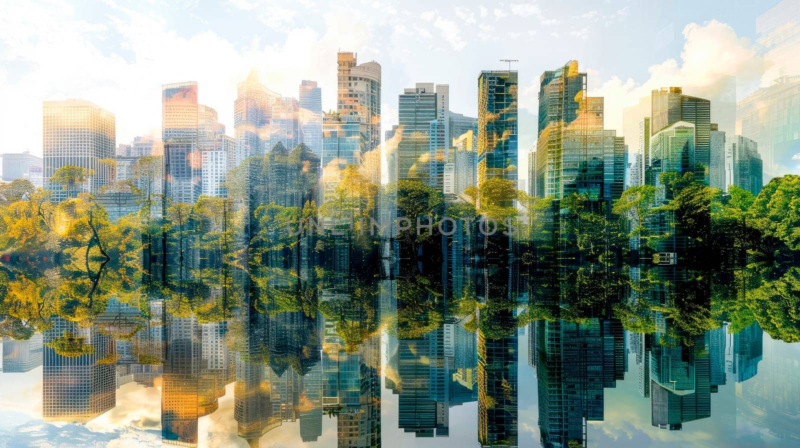 Double exposure with modern buildings and forest lush, concept of technology and nature stay together. AI generated