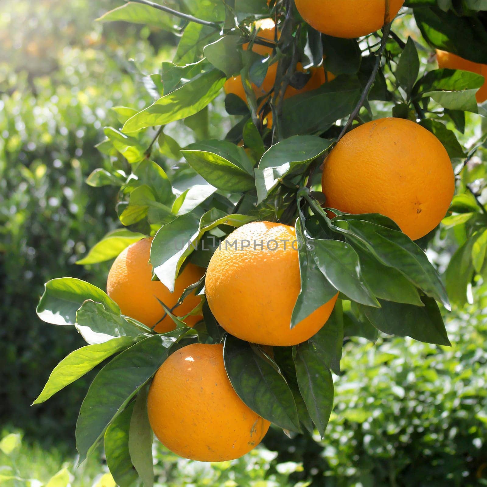 Citrus branches with organic ripe fresh oranges tangerines growing on branches with green leaves in sunny fruiting garden.