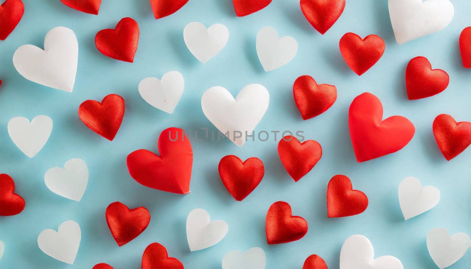 Valentine or Mother day festive pattern from many various red hearts on pastel blue background top view and flat lay. Minimal holiday template for design.