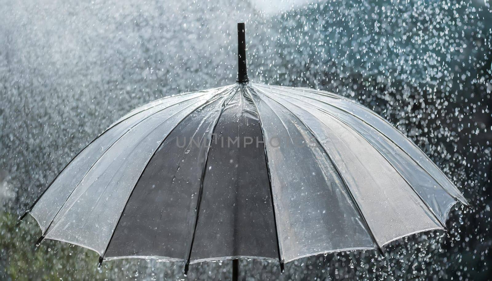 Transparent umbrella under rain against water drops splash background. Rainy weather concept.