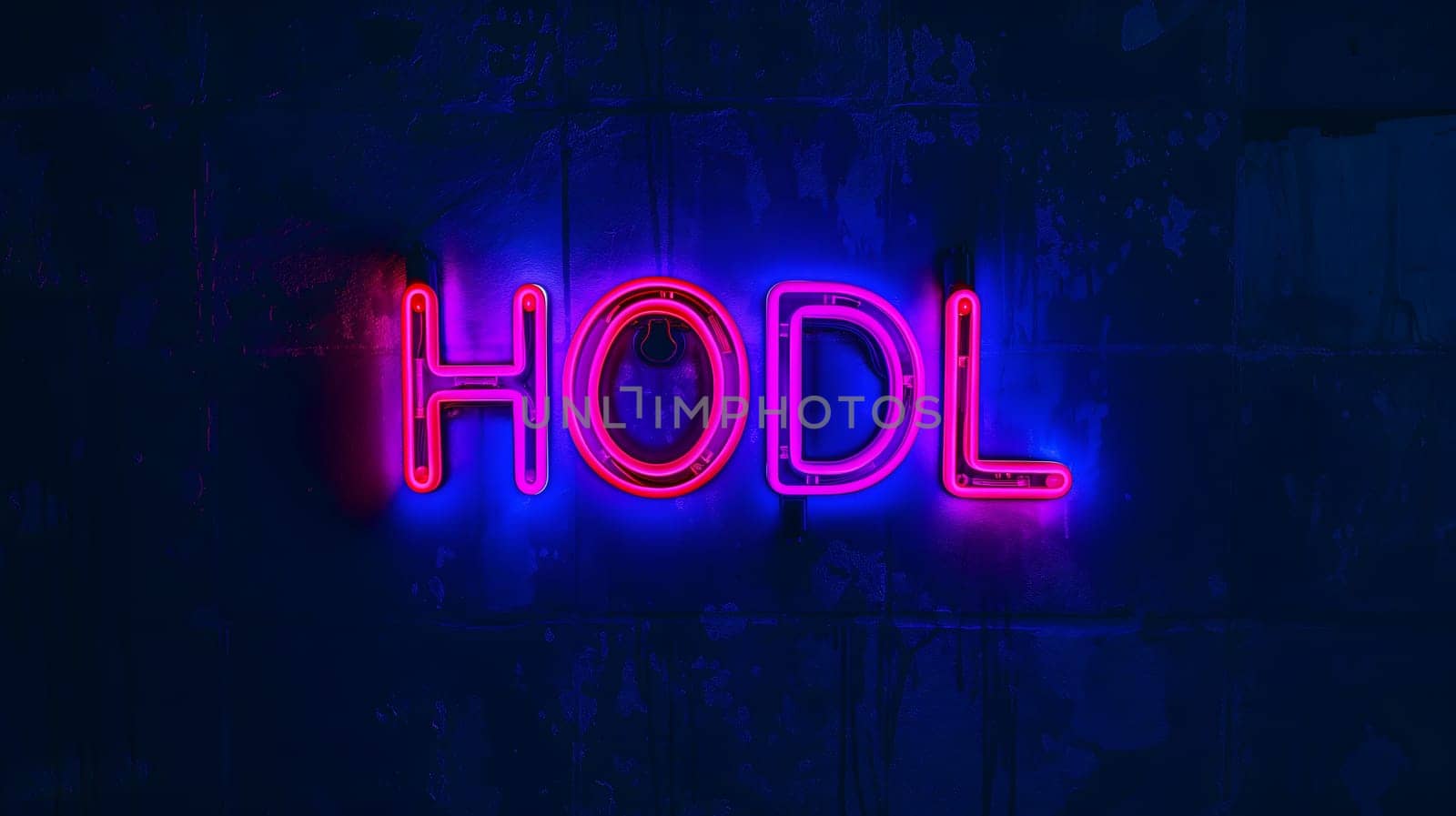 Neon inscription HODL on dark shabby wall. Neural network generated image. Not based on any actual scene or pattern.