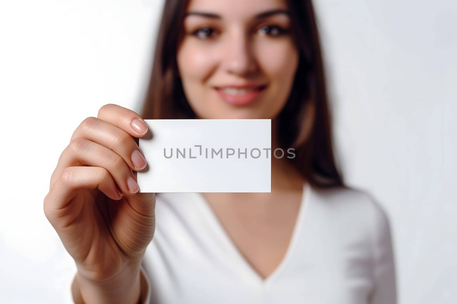 Long-haired young adult Caucasian woman Hand holding blank business card on white background. Neural network generated image. Not based on any actual scene or pattern.