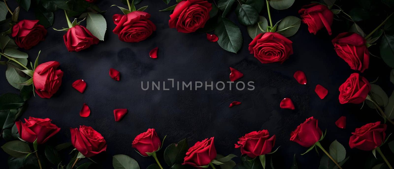 Red roses on black background with copy space. Neural network generated image. Not based on any actual person or scene.