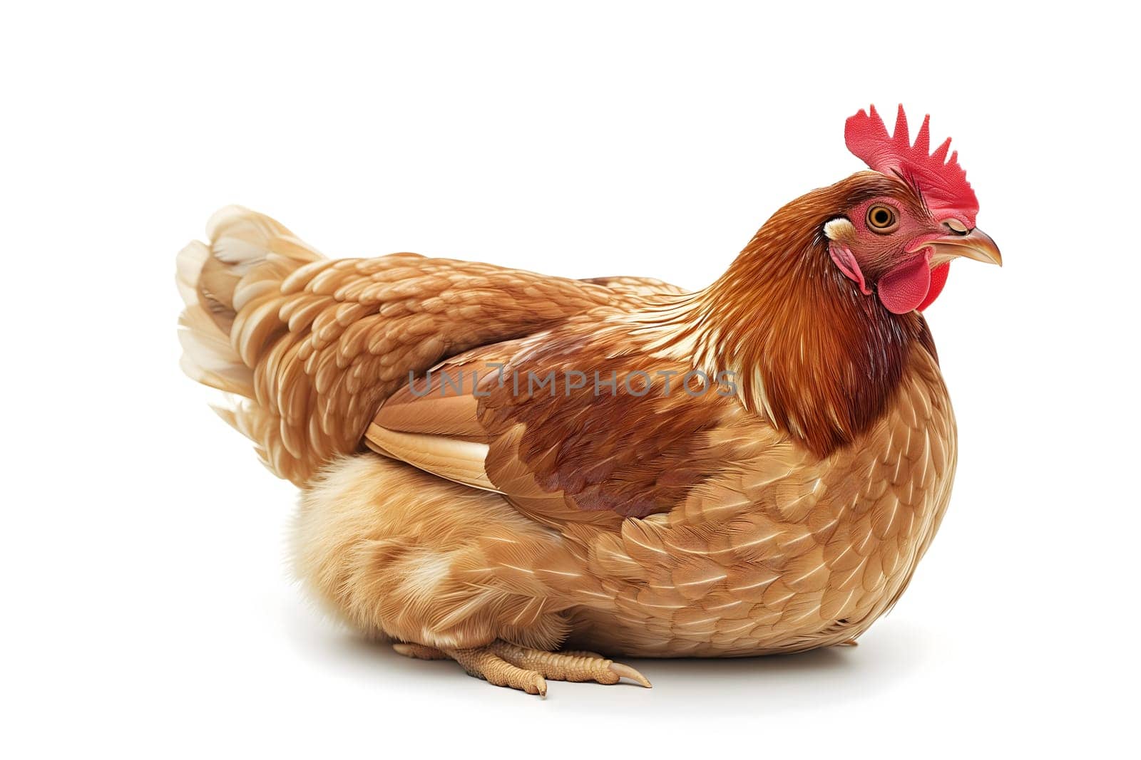 Chicken hen sitting on white background. Neural network generated image. Not based on any actual scene or pattern.