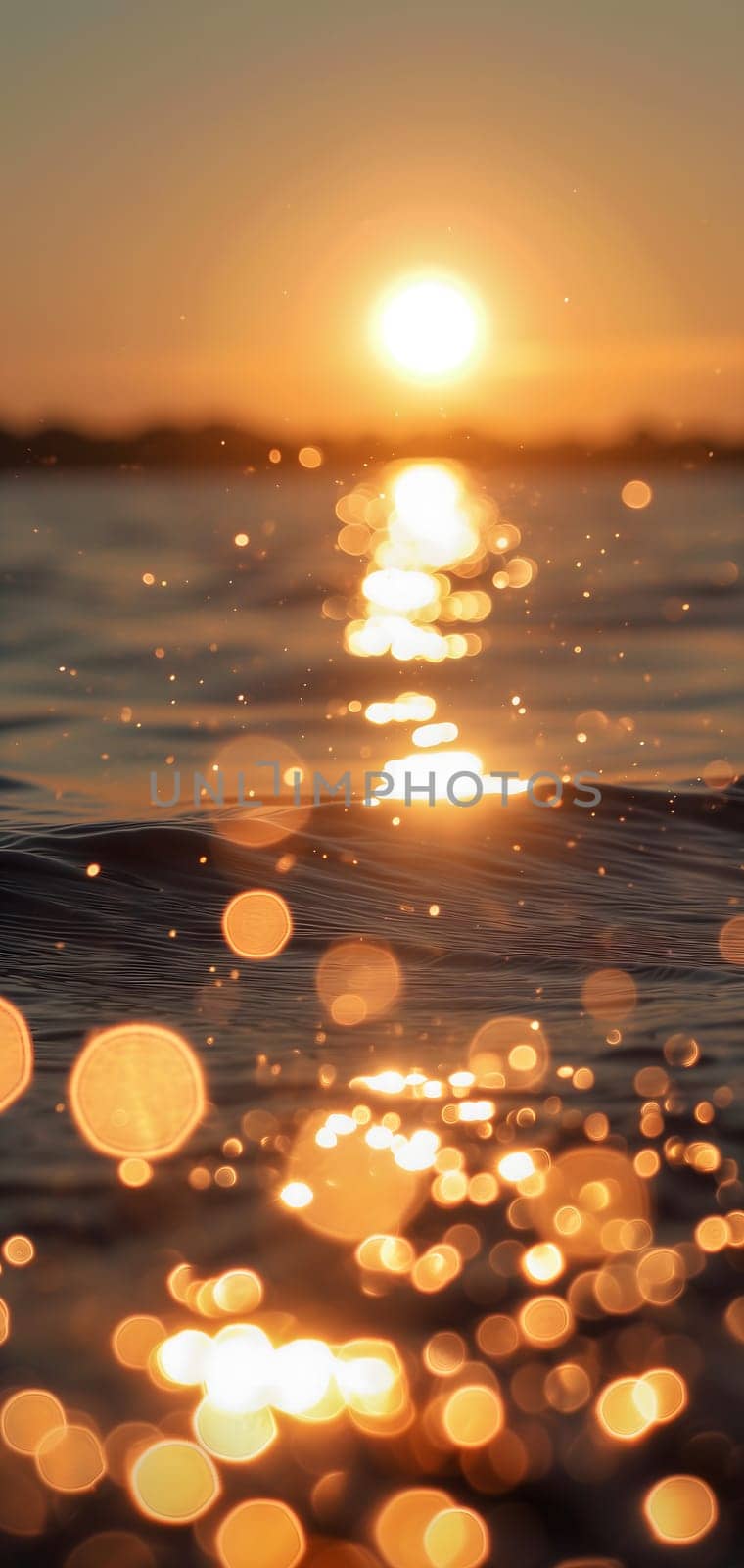 Sunset bokeh on water: golden sky over a body of water, with the light reflecting and creating a bokeh effect.. Neural network generated image. Not based on any actual scene or pattern.