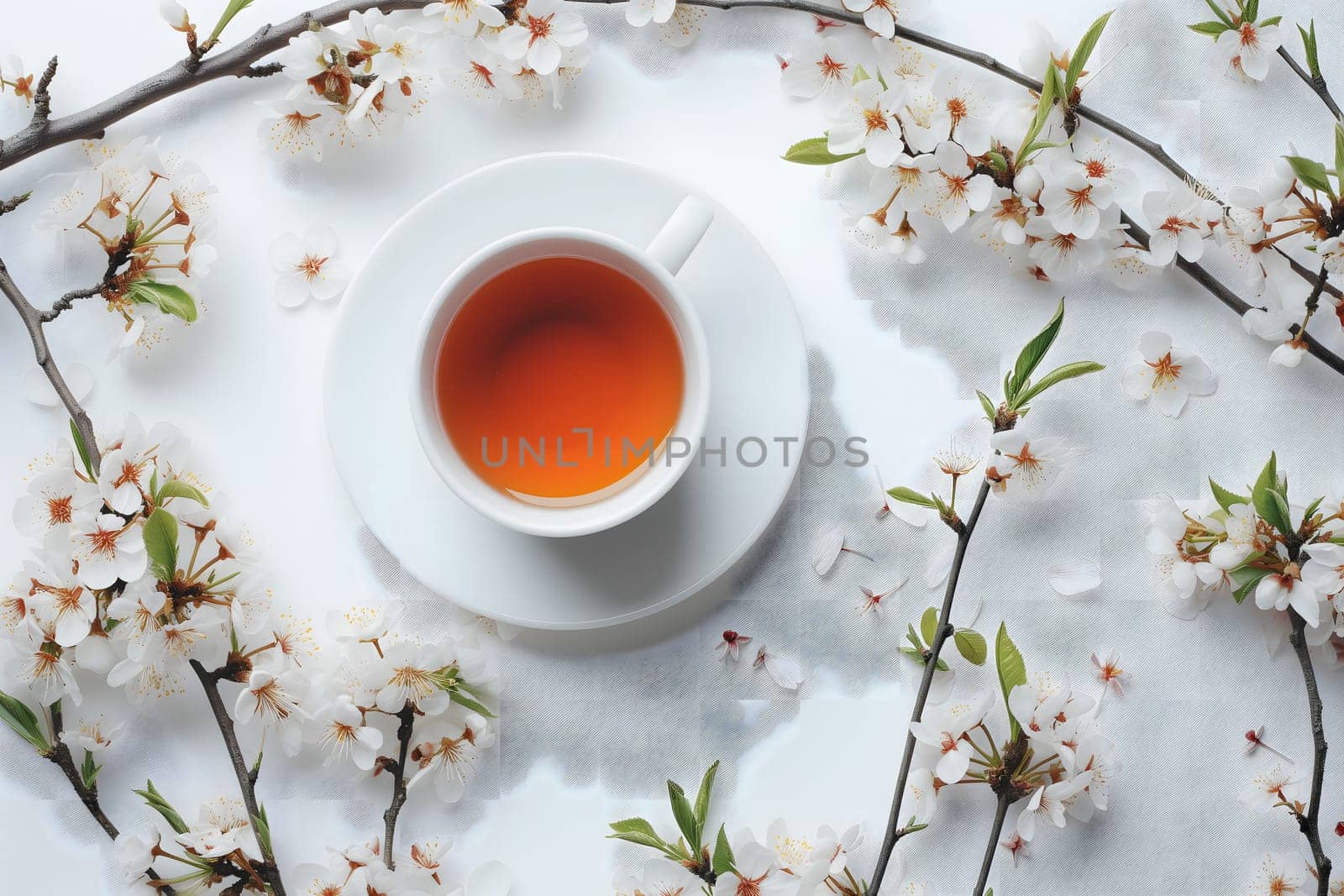 A cup of tea is on top a white table with blossoming floral branches. Neural network generated image. Not based on any actual scene or pattern.