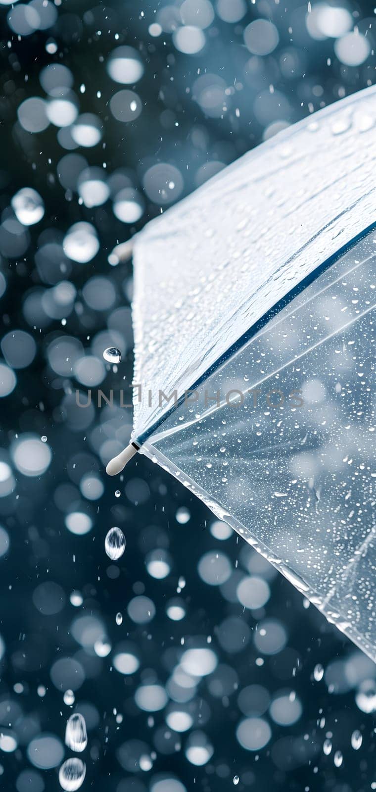 Close up, transparent umbrella under rainfall against a background of water droplets splashing. Concept of rainy weather. Neural network generated image. Not based on any actual scene or pattern.