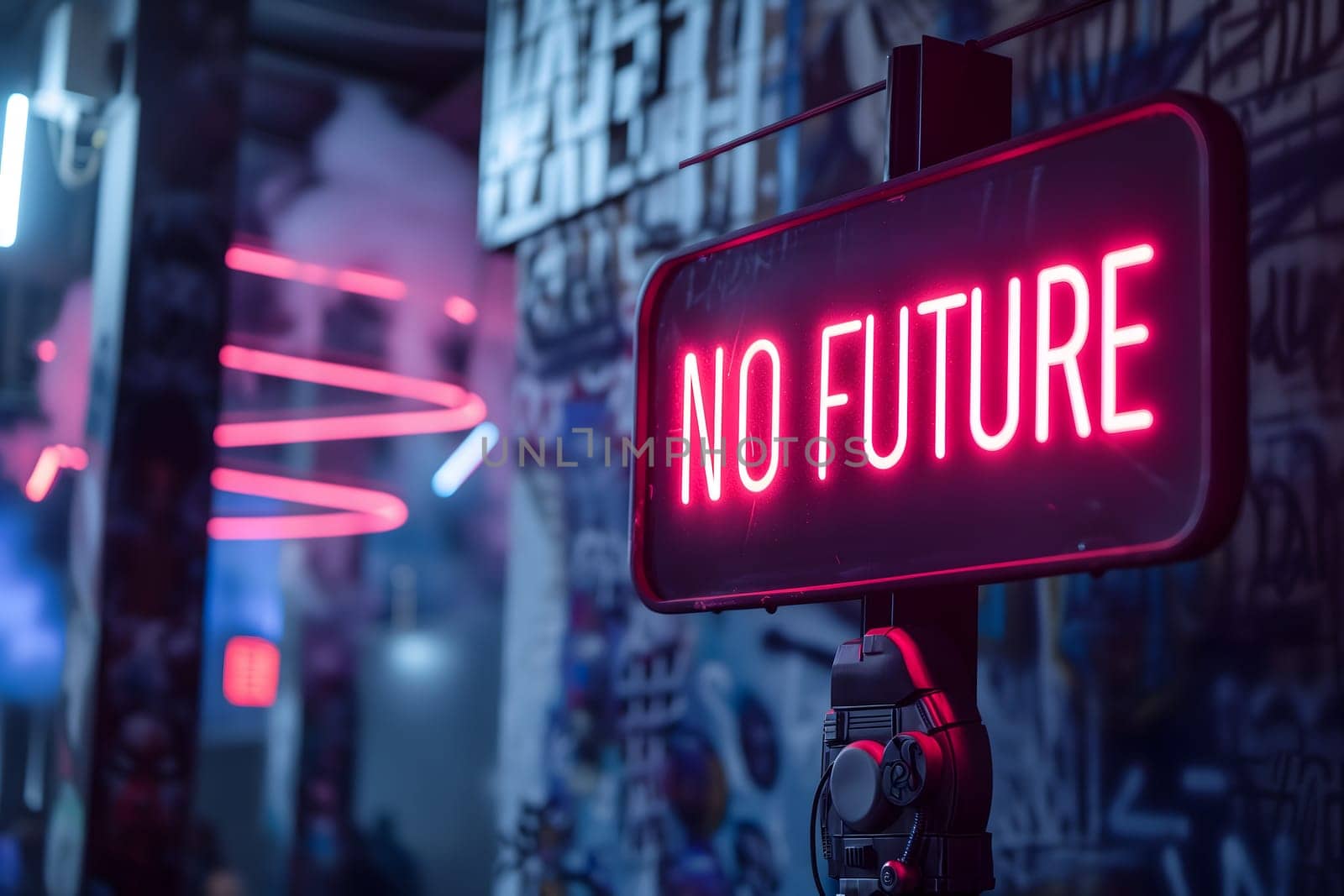 neon sign with words NO FUTURE in dystopian post-AI cyberpunk setting backalley. Neural network generated image. Not based on any actual scene or pattern.