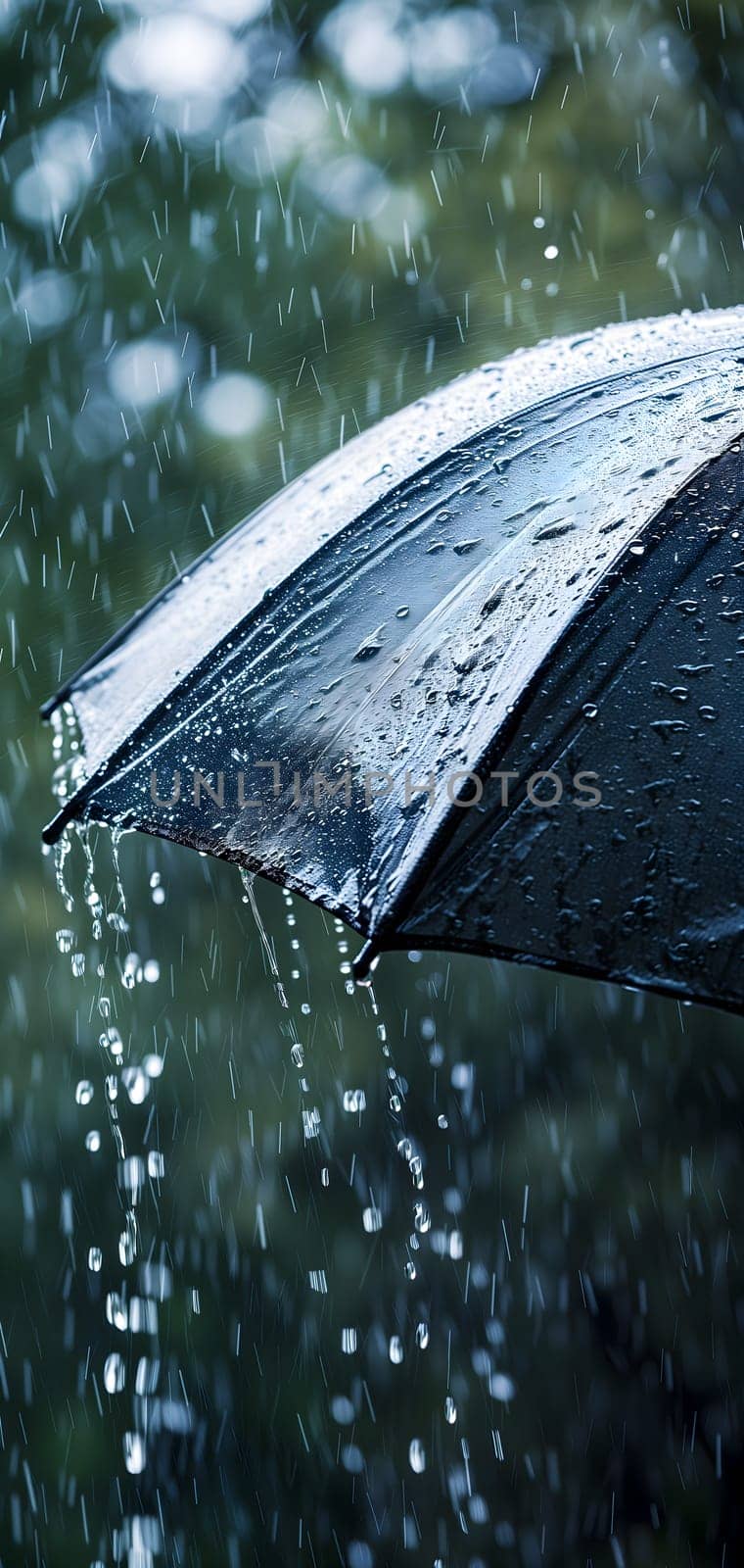 Close up, black umbrella under rainfall against a background of water droplets splashing. Concept of rainy weather. Neural network generated image. Not based on any actual scene or pattern.