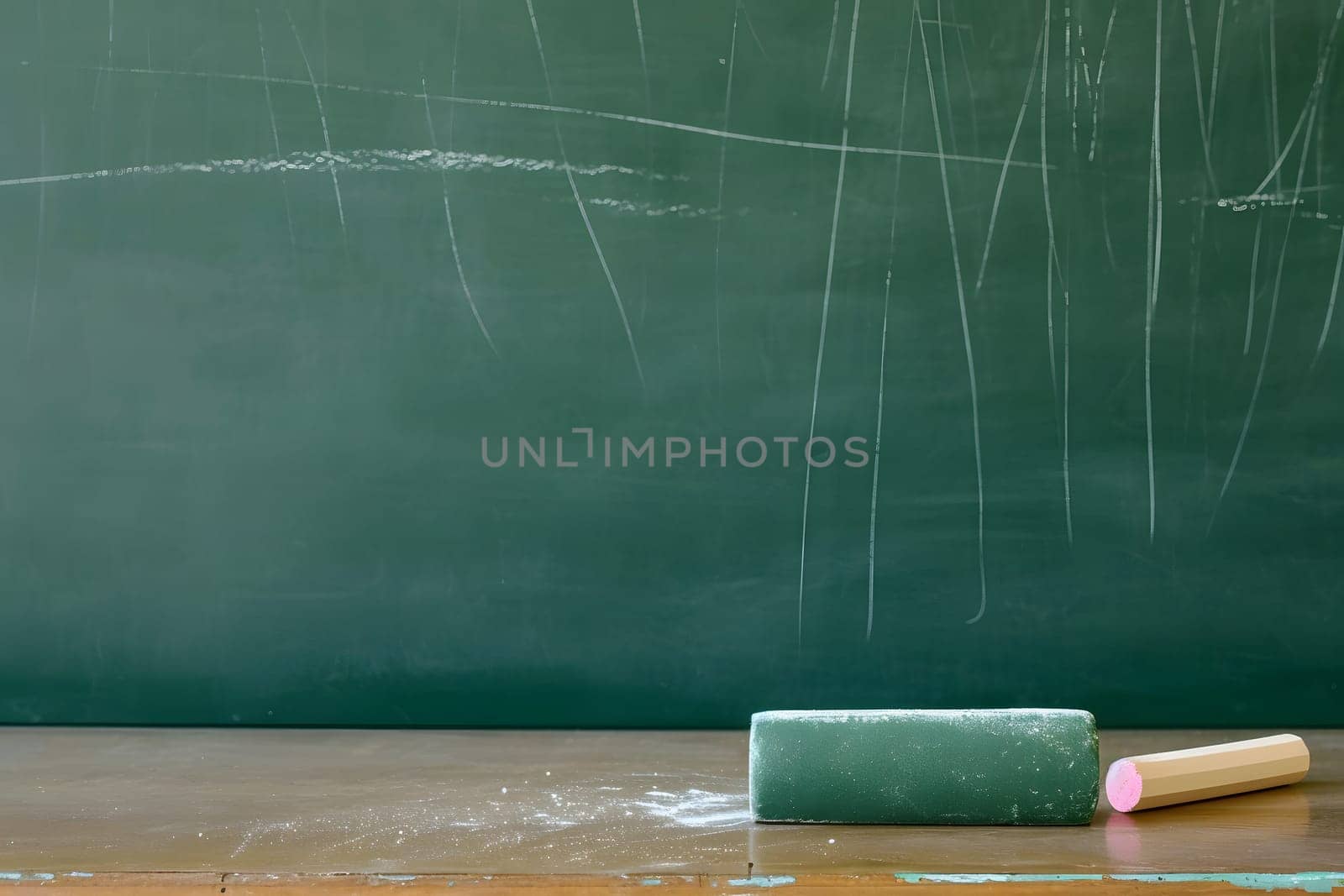 First-class, An empty green chalkboard with an eraser and white chalk, ready for Teacher's Day. Neural network generated image. Not based on any actual scene or pattern.