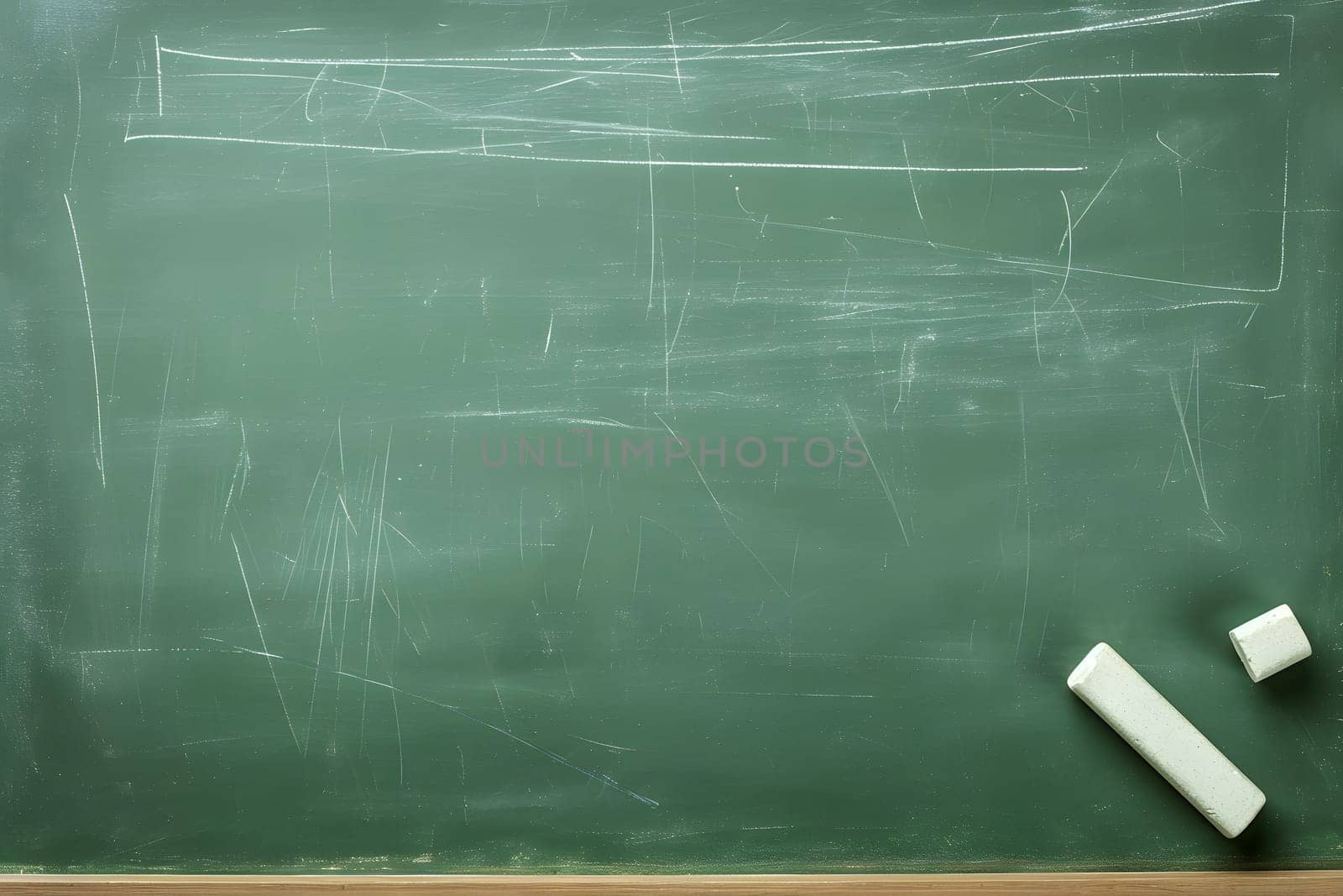 First-class, An empty green chalkboard with an eraser and white chalk, ready for Teacher's Day. Neural network generated image. Not based on any actual scene or pattern.