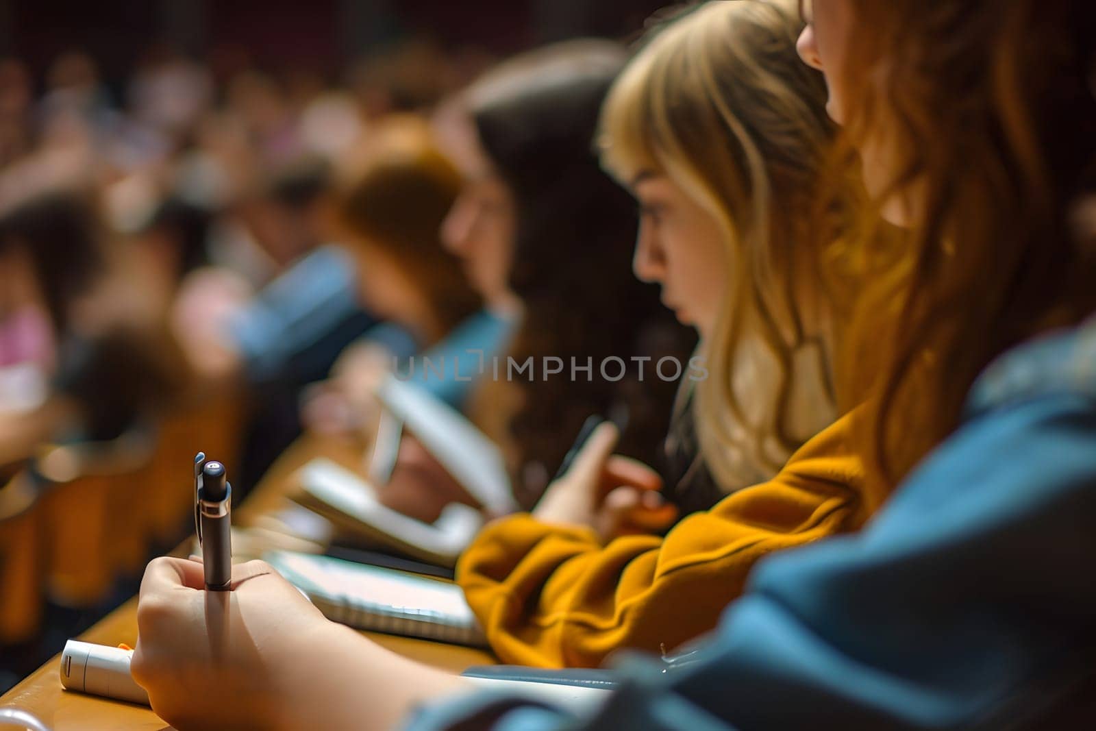 Close up, concept of students studying in a classroom lecture. Neural network generated image. Not based on any actual scene or pattern.