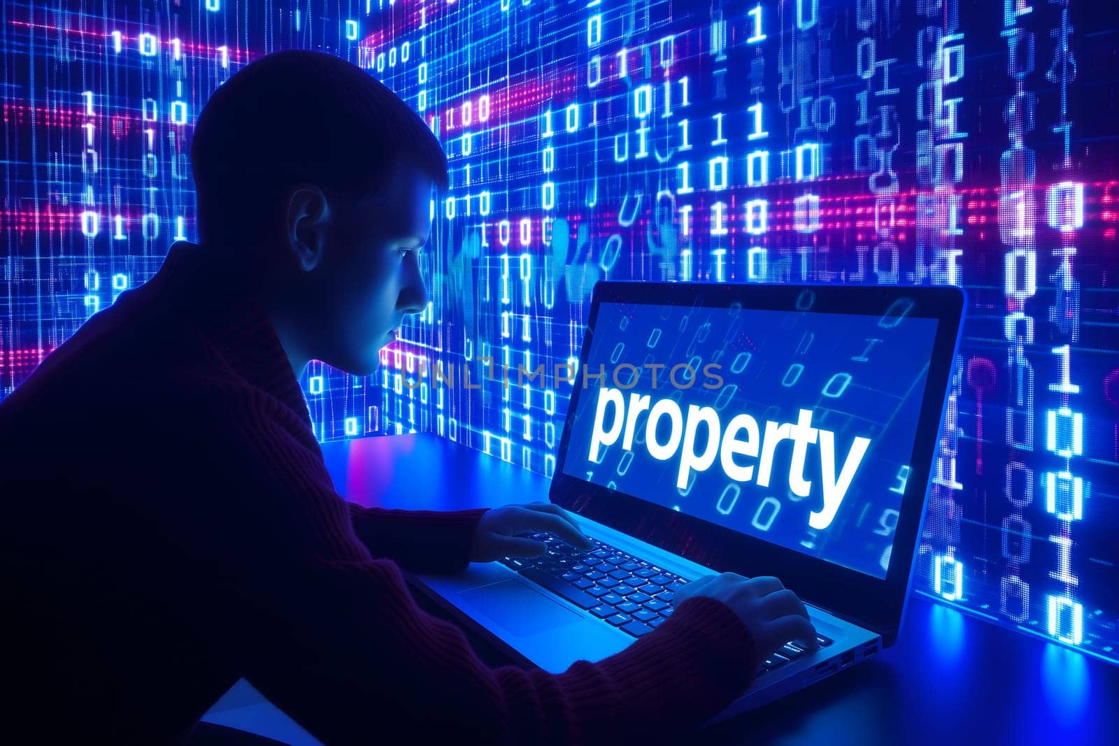 Man sitting in front of laptop with the word property on the screen for cyber law concept. Neural network generated image. Not based on any actual scene or pattern.