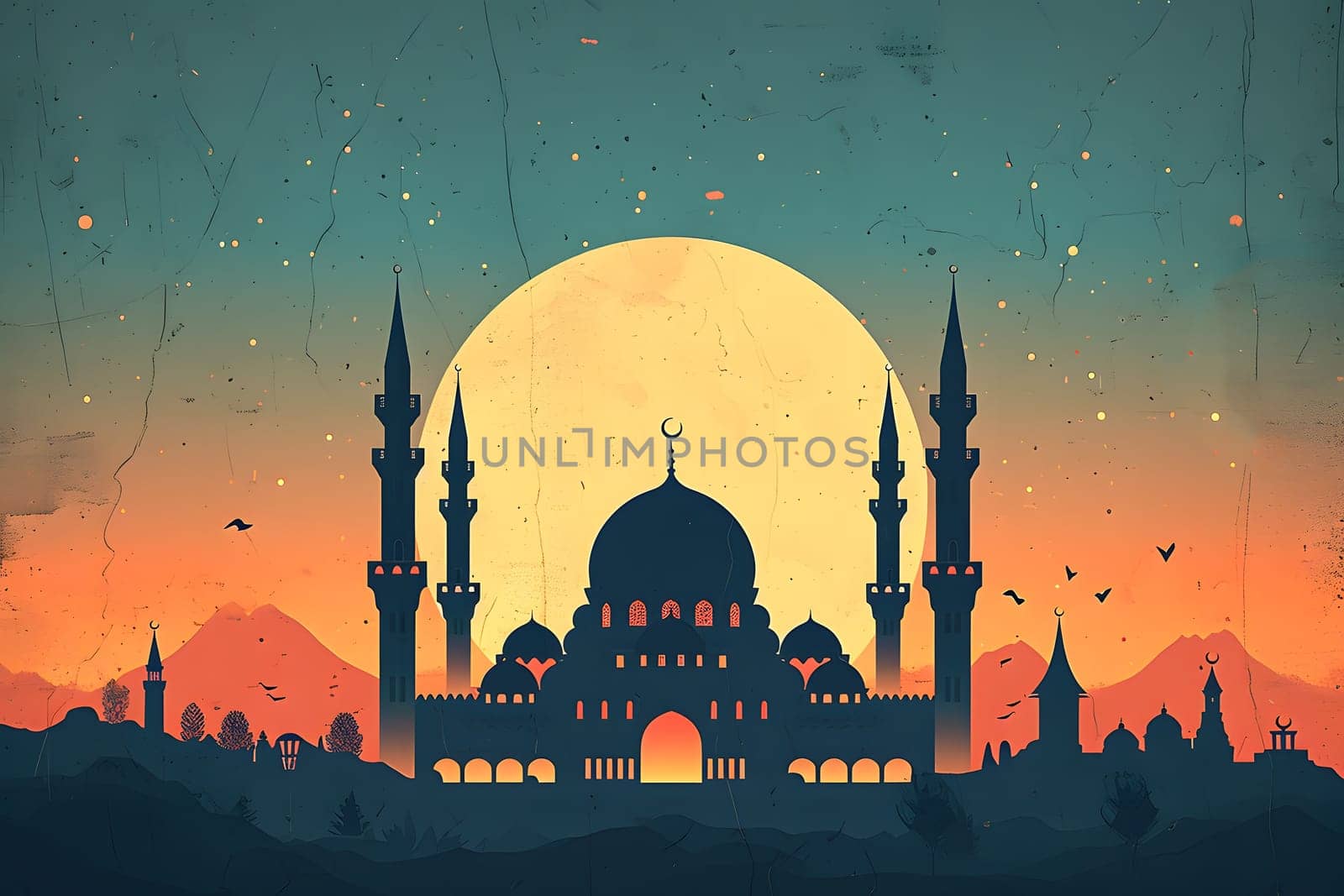 Ramadan mosque with night afterglow sky with full moon. Neural network generated in January 2024. Not based on any actual scene or pattern.
