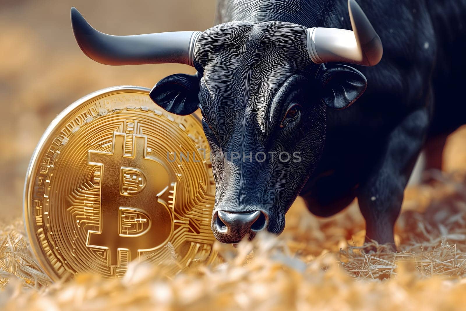 Bull with bitcoin. Bullish trend concept. Neural network generated image. Not based on any actual person or scene.