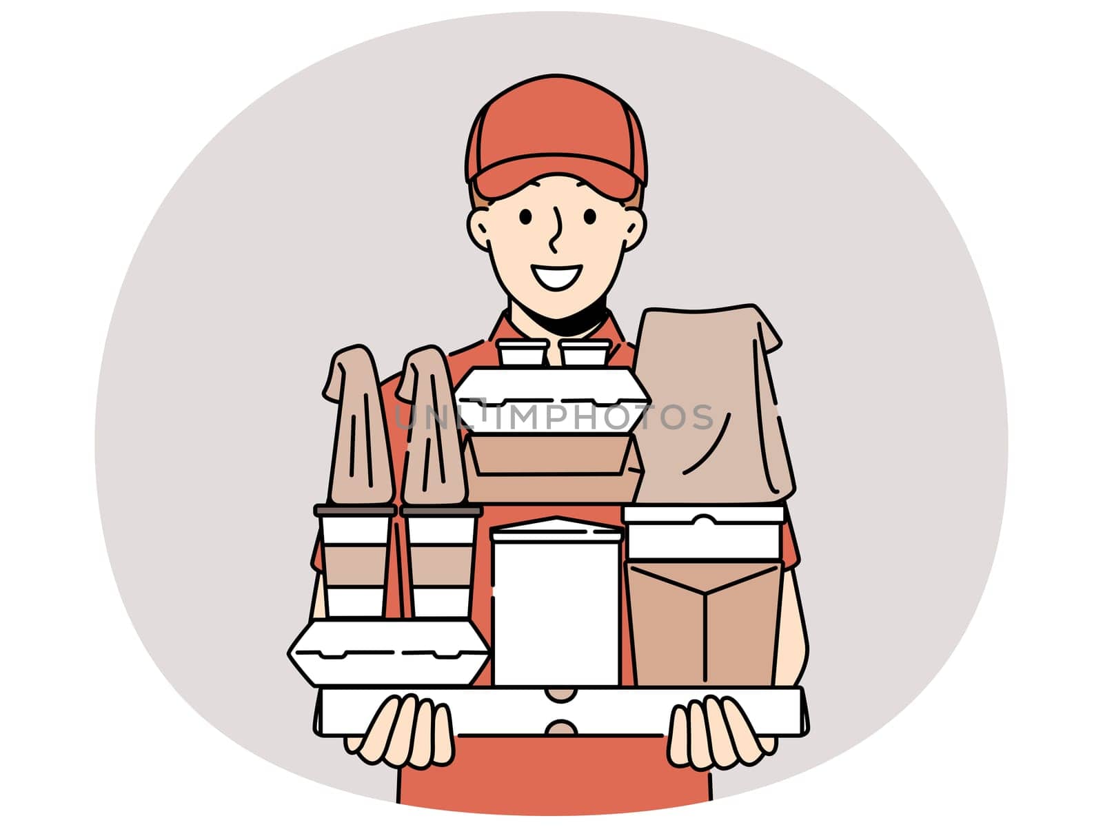 Smiling male courier with boxes in hands show good quality service. Happy deliveryman in uniform deliver order to customer. Vector illustration.