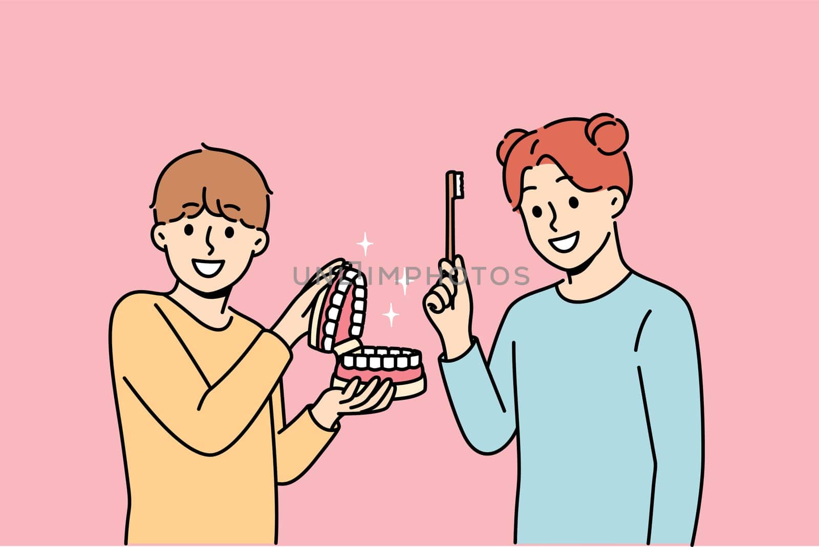 Happy children show rules brushing teeth and using dental toothbrush to get rid of bacteria in mouth