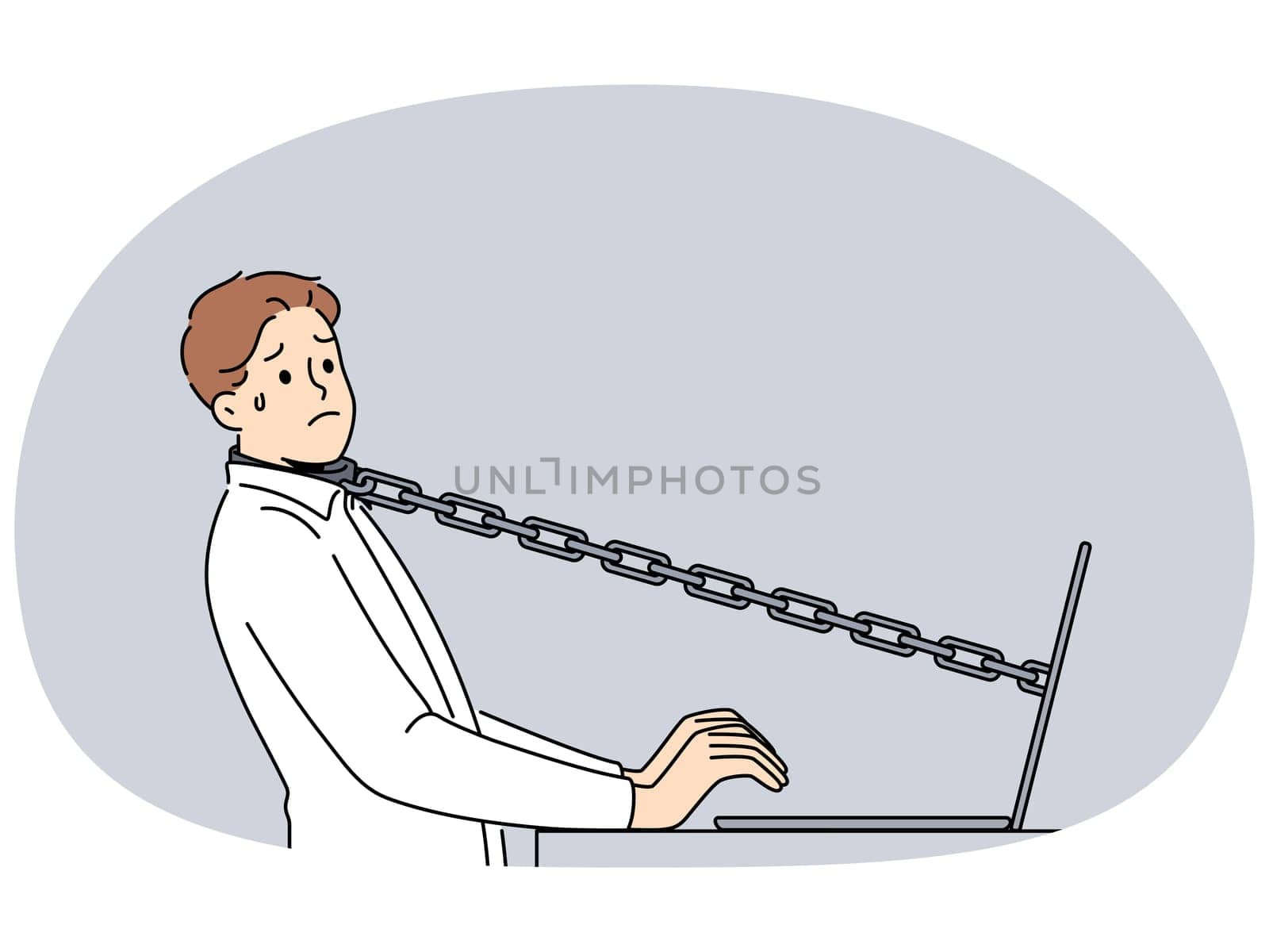 Stressed male employee tied with chain to computer in office. Unhappy man worker attached to laptop struggle with stressful job. Vector illustration.