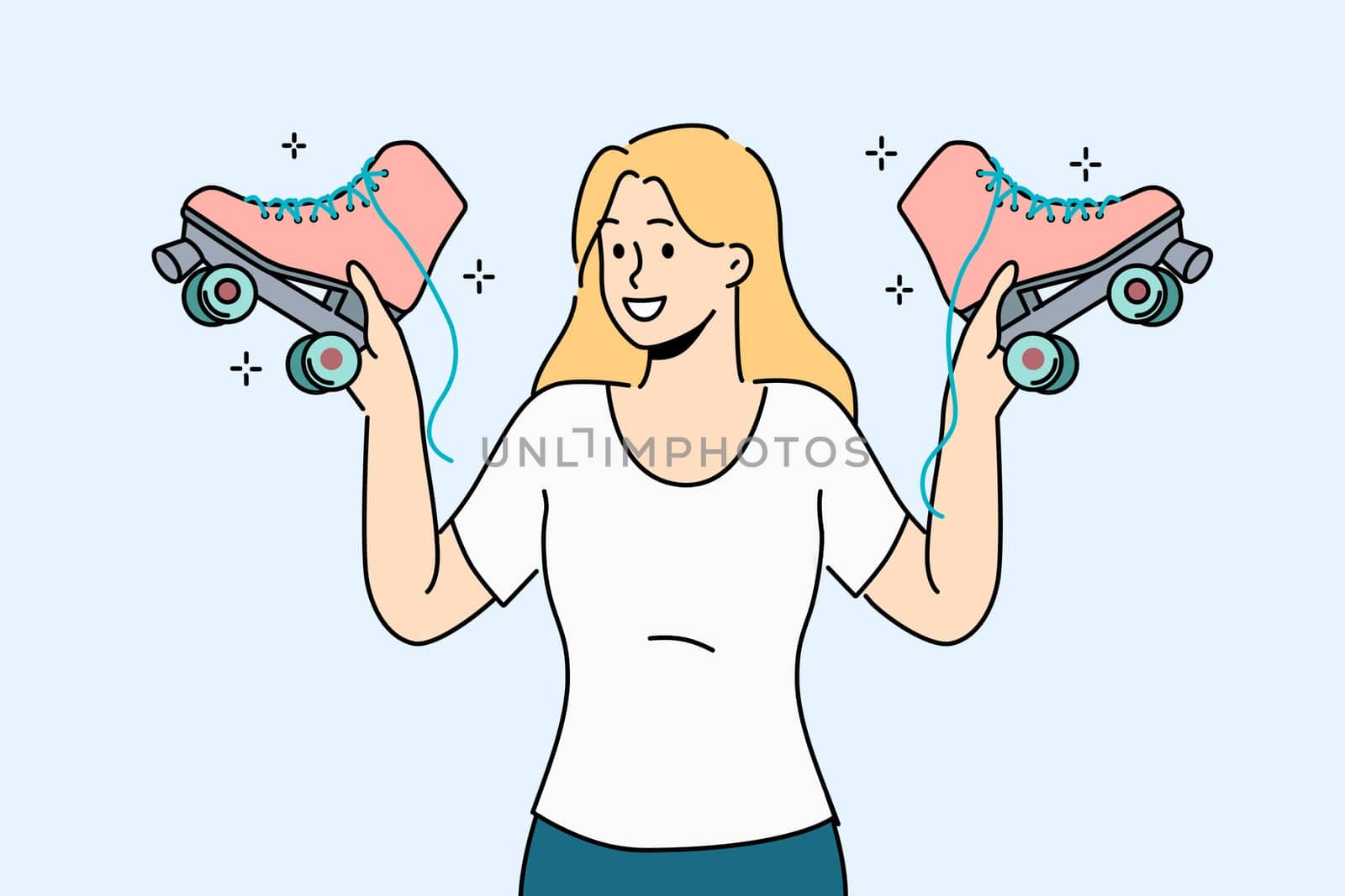 Woman holds retro roller skates, inviting you to ride together in park in fresh air. Smiling girl with vintage shoes with wheels in hands recommends buying roller skates for active lifestyle