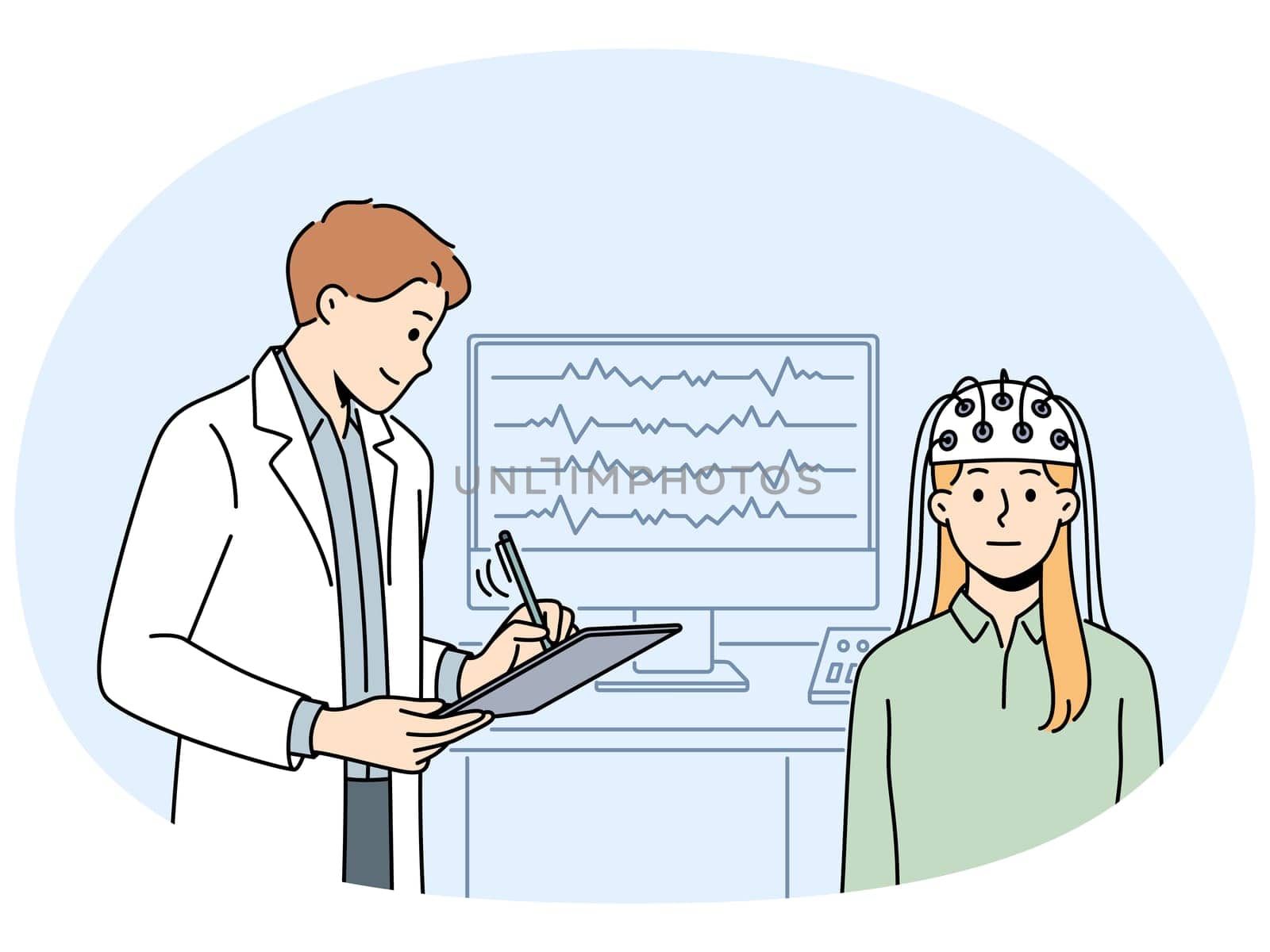 Woman patient do EEG scan in hospital. Male doctor examine woman client in neurology clinic. Neurological checkup and examination. Vector illustration.