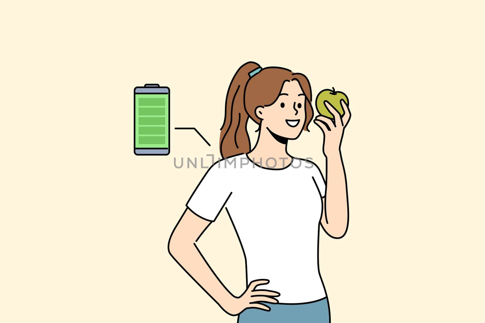 Woman eats fresh apple to recharge with energy and vitamins from fruit bought at farmers market. Full battery charge near girl holding apple helping to quickly regain strength during break