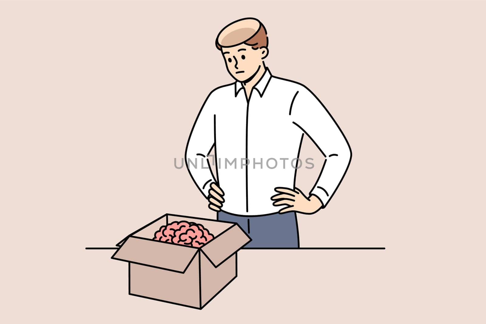 Man took brain out of head and put it in cardboard box, for concept of removing facts from memory. Stupid guy received new brain in package to quickly become smarter and acquire new skills