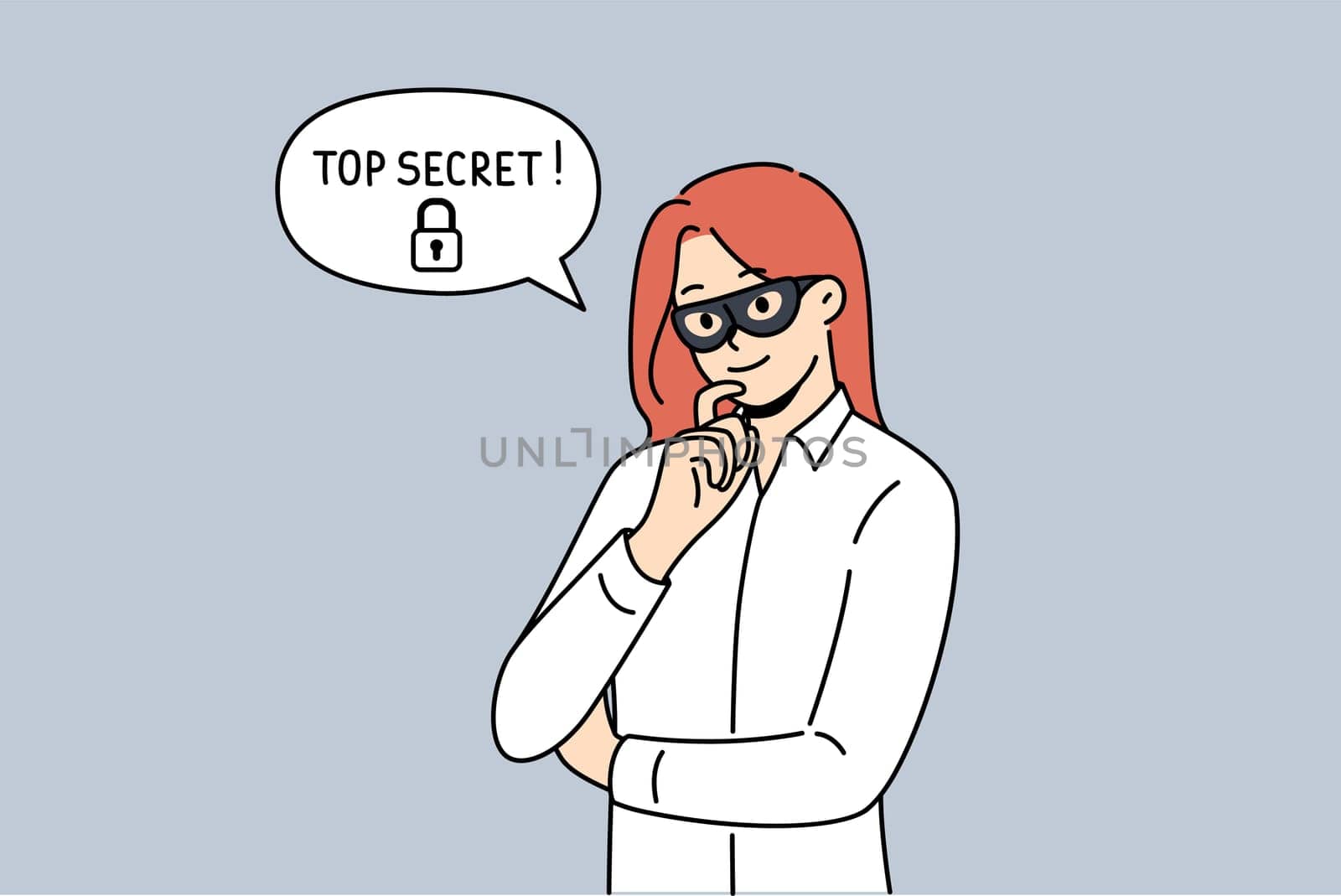 Woman corporate spy with mask on face is thinking about how to steal sensitive information with top secret status. Corporate spy girl infiltrated company to find out commercial data.