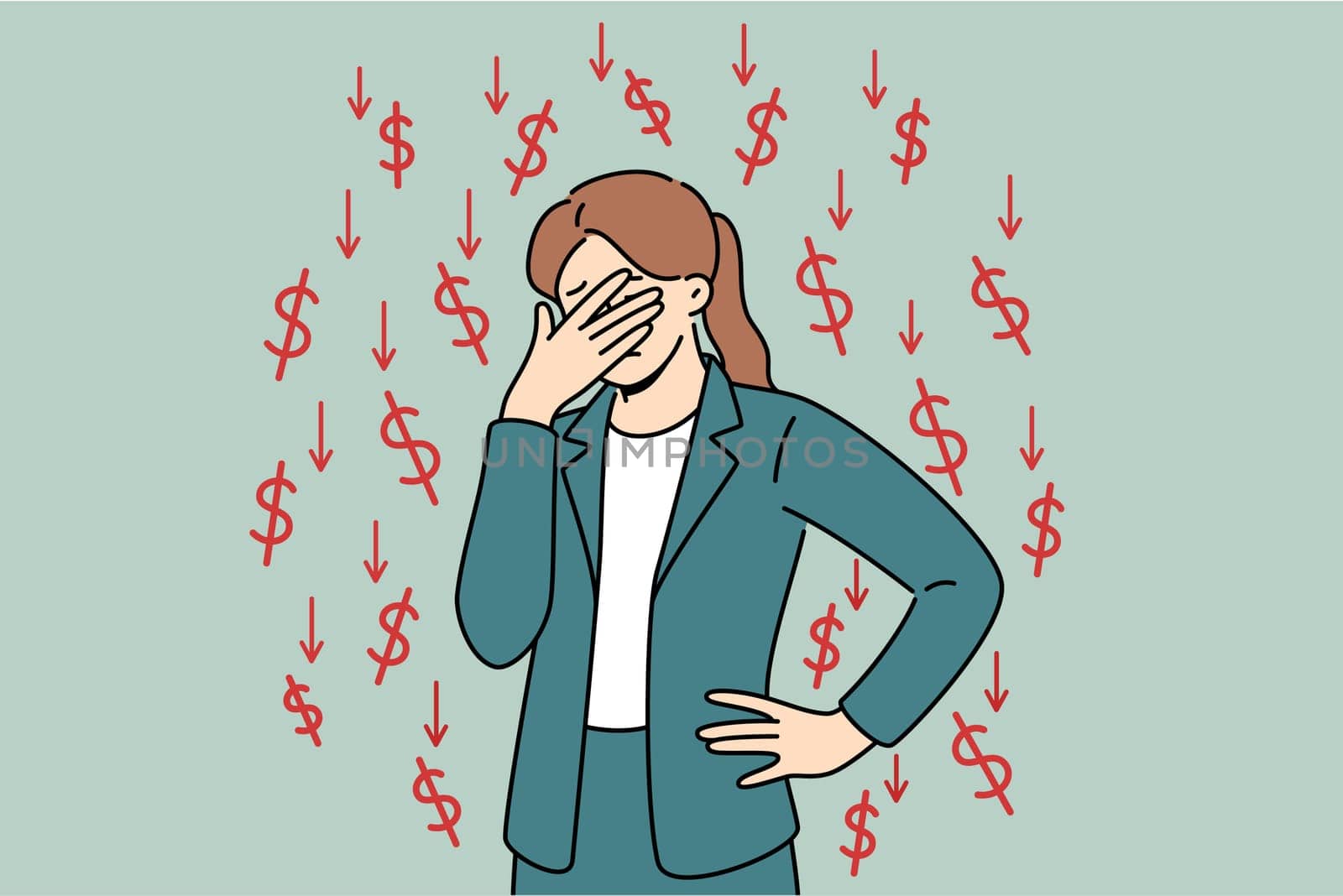 Businesswoman who is victim of financial crisis covers eyes with hand, standing among dollar signs and downward arrows. Girl feels stressed due to onset of financial crisis caused by recession.