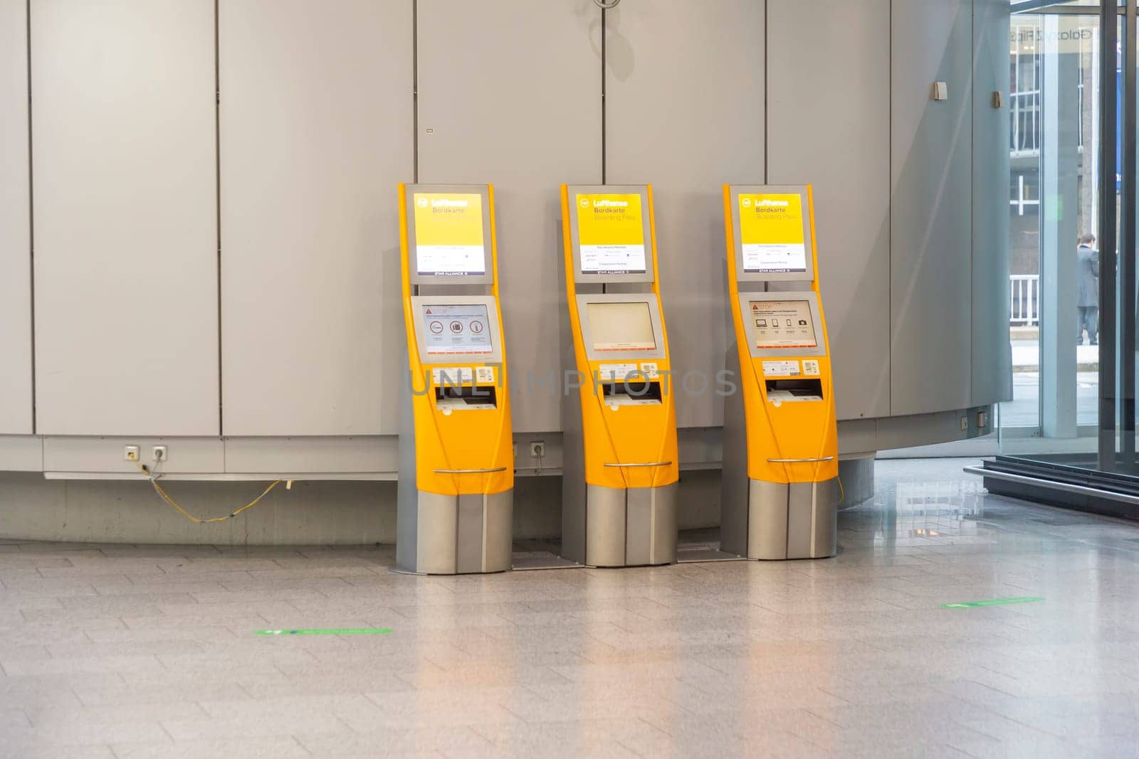 Frankfurt, Germany - February 7, 2022: Lufthansa check in machine at Frankfurt international airport without passenger.