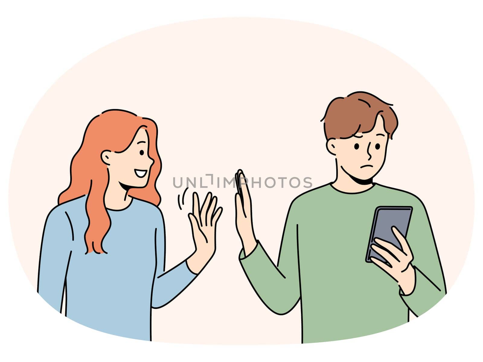 Man reject smiling loving woman showing attention. Busy guy using cellphone avoid and ignore persistent female show interest. Relationship problem. Vector illustration.