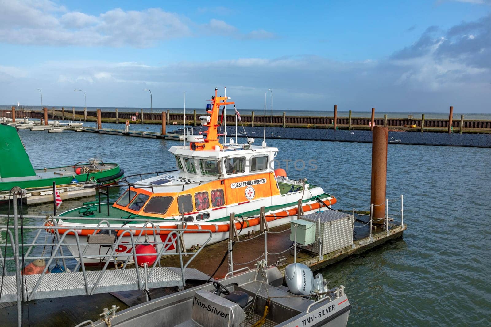 Hoernum, Germany - February 19, 2022: sea rescue ship Horst Heiner Kneten in the harbor of Hoernum at the german island of Sylt.