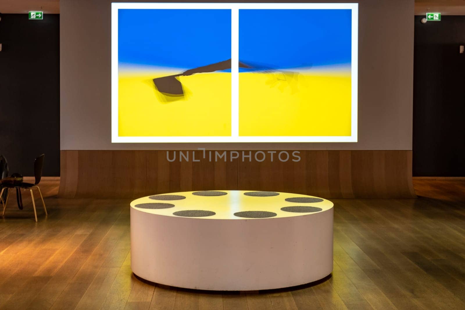 Frankfurt, Germany - April 10, 2022: projection of ukraine Flag in yellow and blue in the film museum in Frankfurt, Germany.