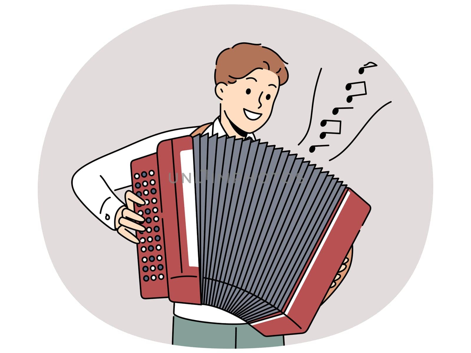 Smiling man playing on accordion. Happy male play music on traditional musical instrument. Entertainment and hobby. Vector illustration.