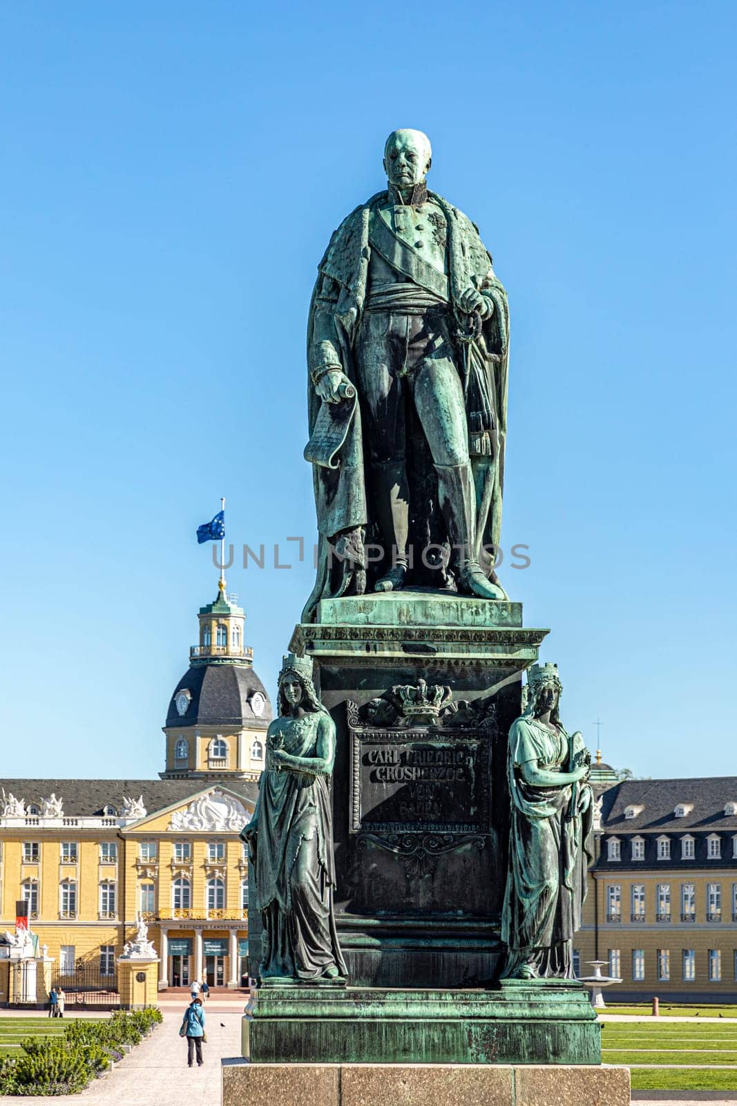 Karlsruhe, Germany - April 17, 2022: Carl Friedrich von Baden. Statue of founder of the City Karlsruhe, Baden-Wuerttemberg, Germany.