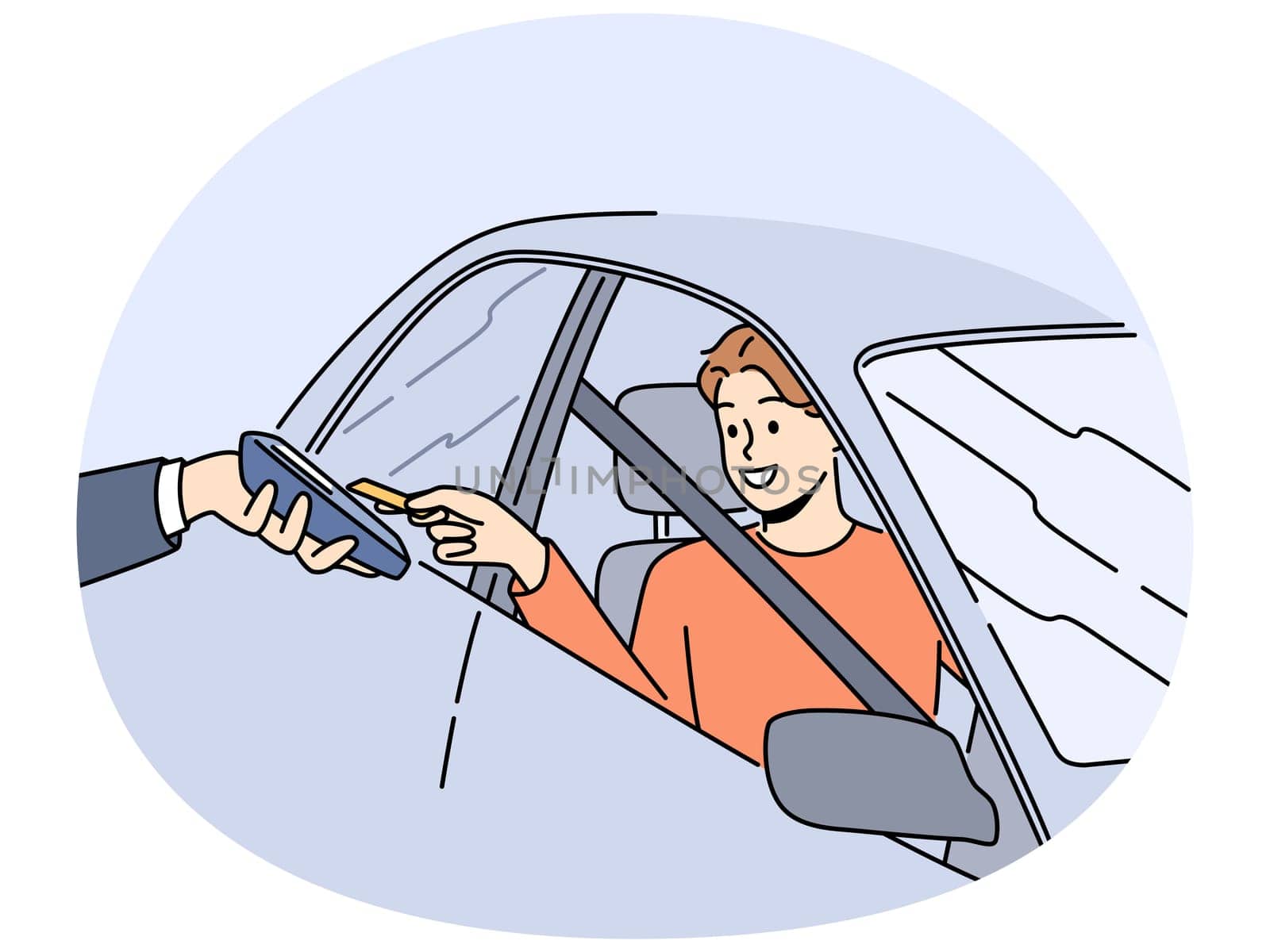 Smiling man sit at car pay with credit card on automatic reader. Happy male driver use car for payment on machine or terminal. Contactless payment. Vector illustration.