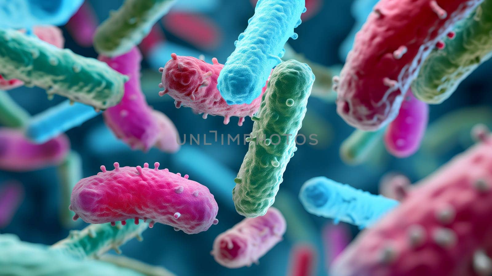 Diverse colorful abstract microbiome, containing many different types of microorganisms. Neural network generated in January 2024. Not based on any actual scene or pattern.
