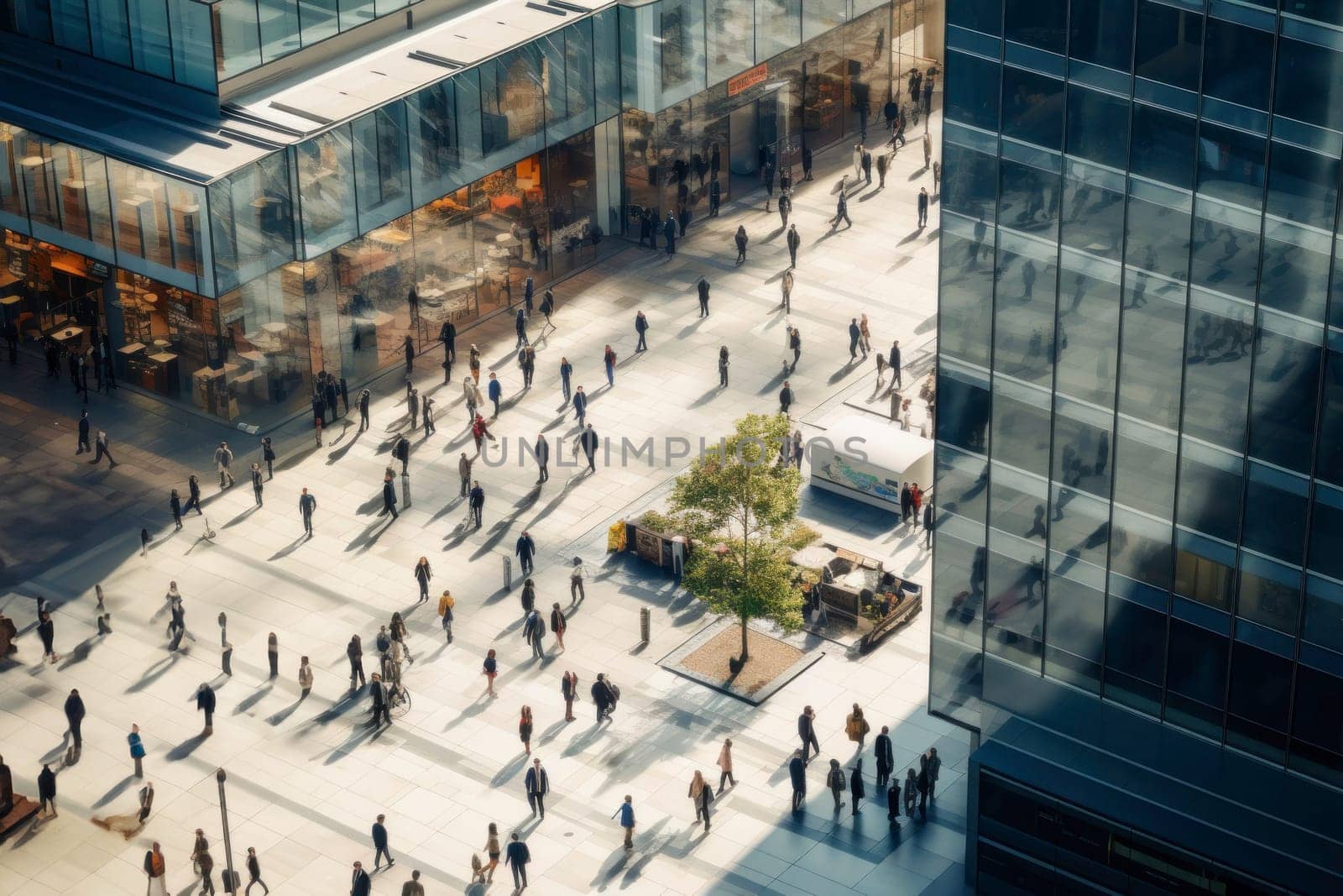 Aerial view of crowded downtown in the city. Drone view of financial and commercial district. High glass buildings with offices and stores. Modern architecture. People walking on the city square