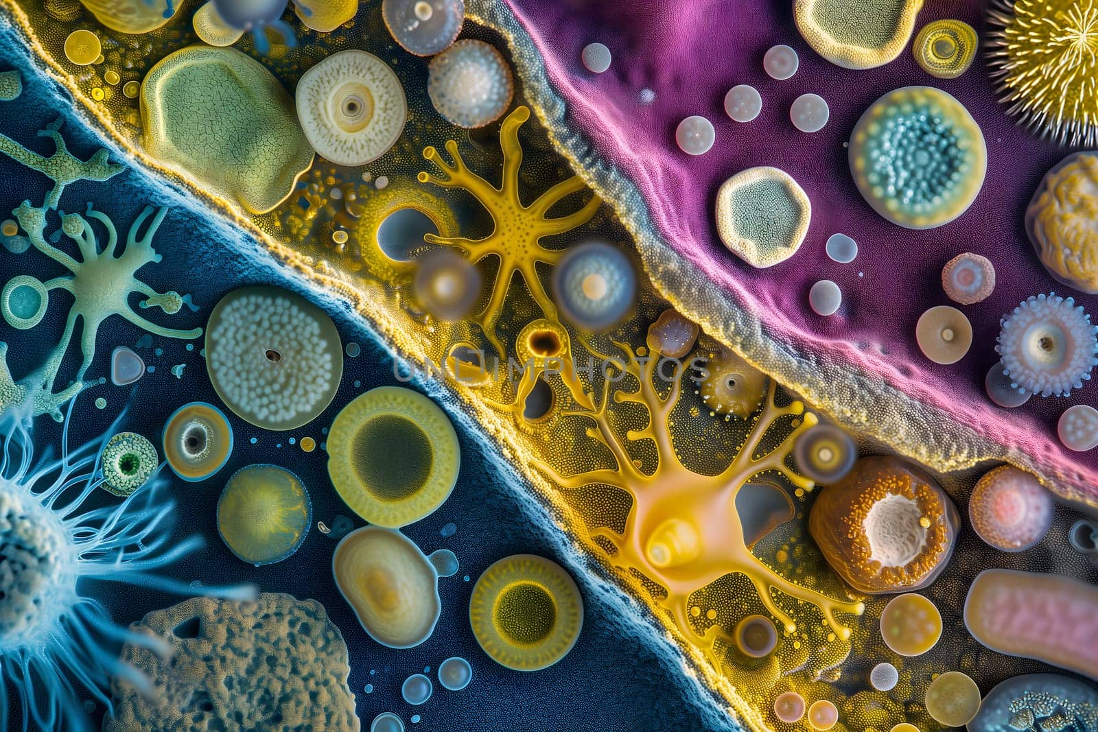 Diverse colorful abstract microbiome, containing many different types of microorganisms. Neural network generated in January 2024. Not based on any actual scene or pattern.