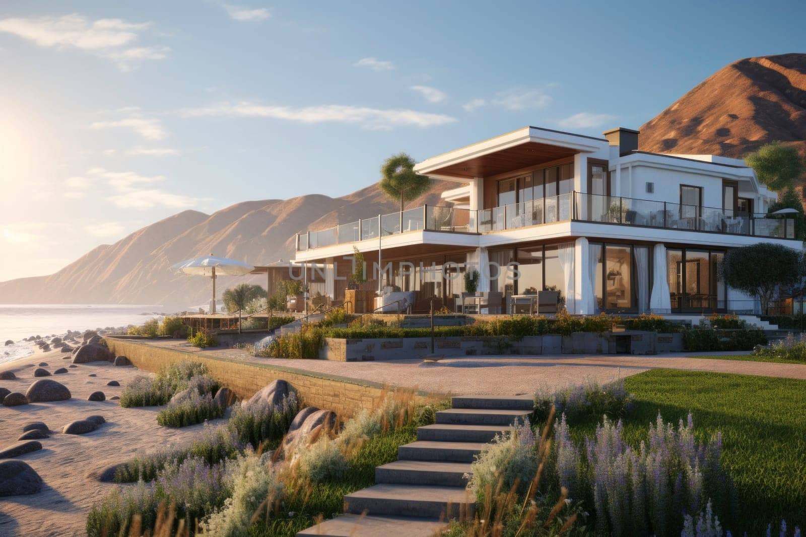 Luxury hotel. Contemporary modern house. Exterior of real estate. Holiday villa with swimming pool. Business resort. Hotel lounge. Glass house. Travel during summer vacation