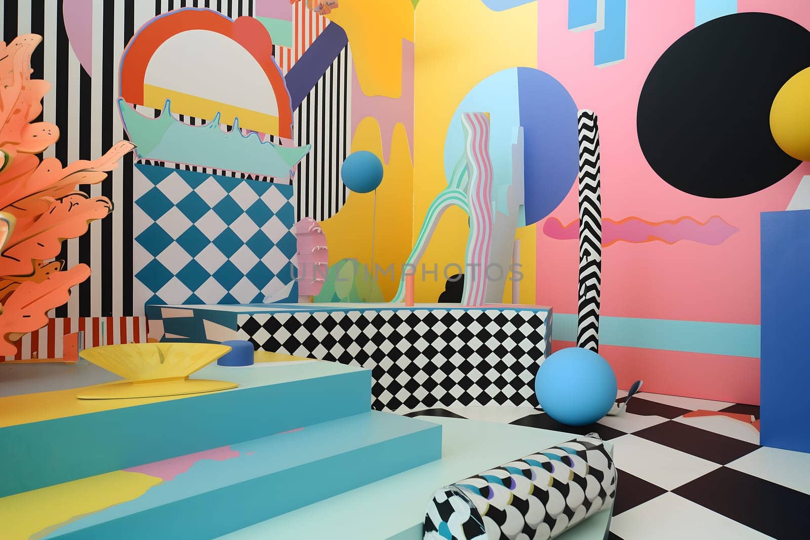 abstract background of playful convergence of 2D pop-art graphics and 3D geometric shapes creating a vibrant multiverse portal, embodying high-energy and big-impact visuals. Neural network generated image. Not based on any actual scene or pattern.