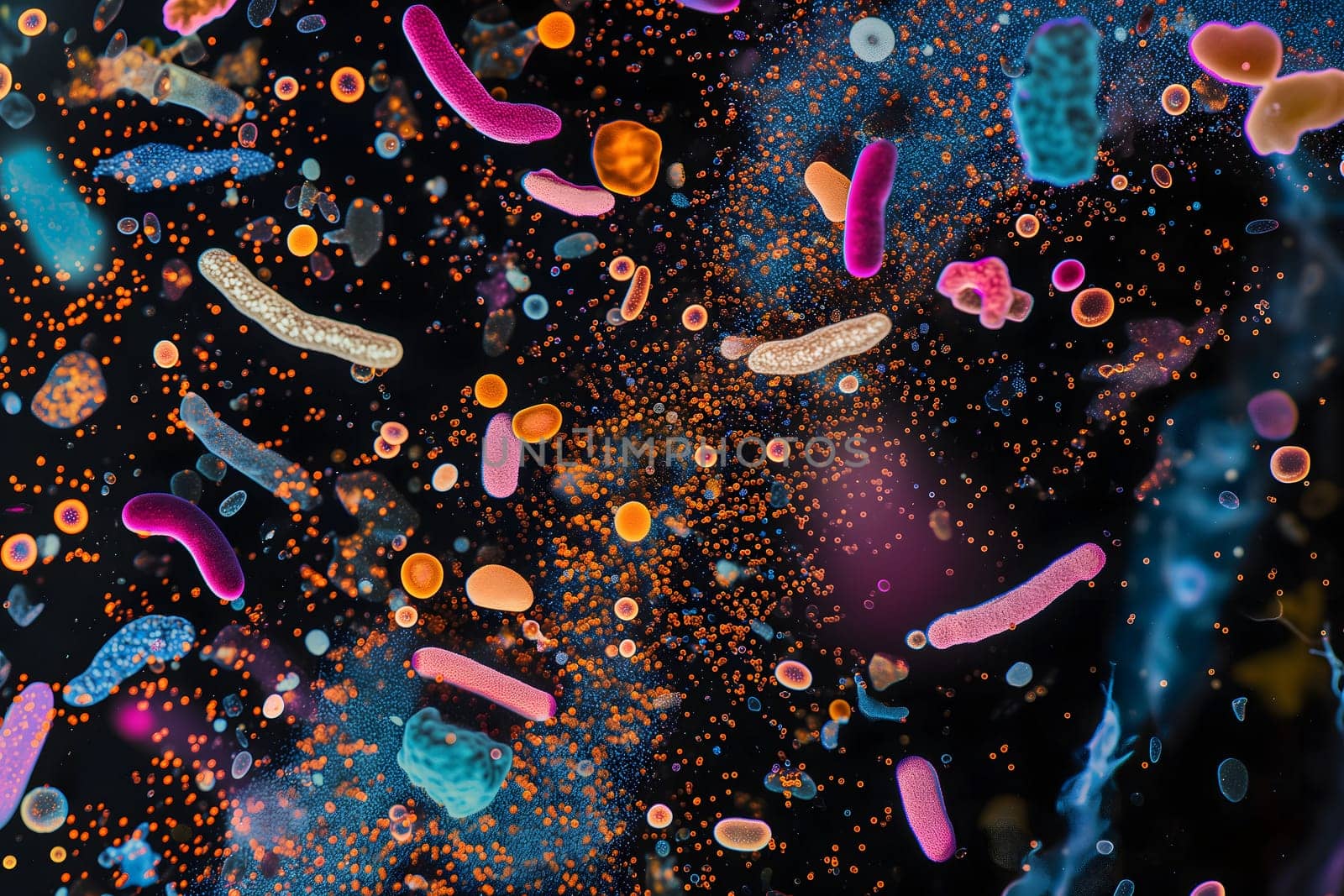 Diverse colorful abstract microbiome, containing many different types of microorganisms. Neural network generated in January 2024. Not based on any actual scene or pattern.
